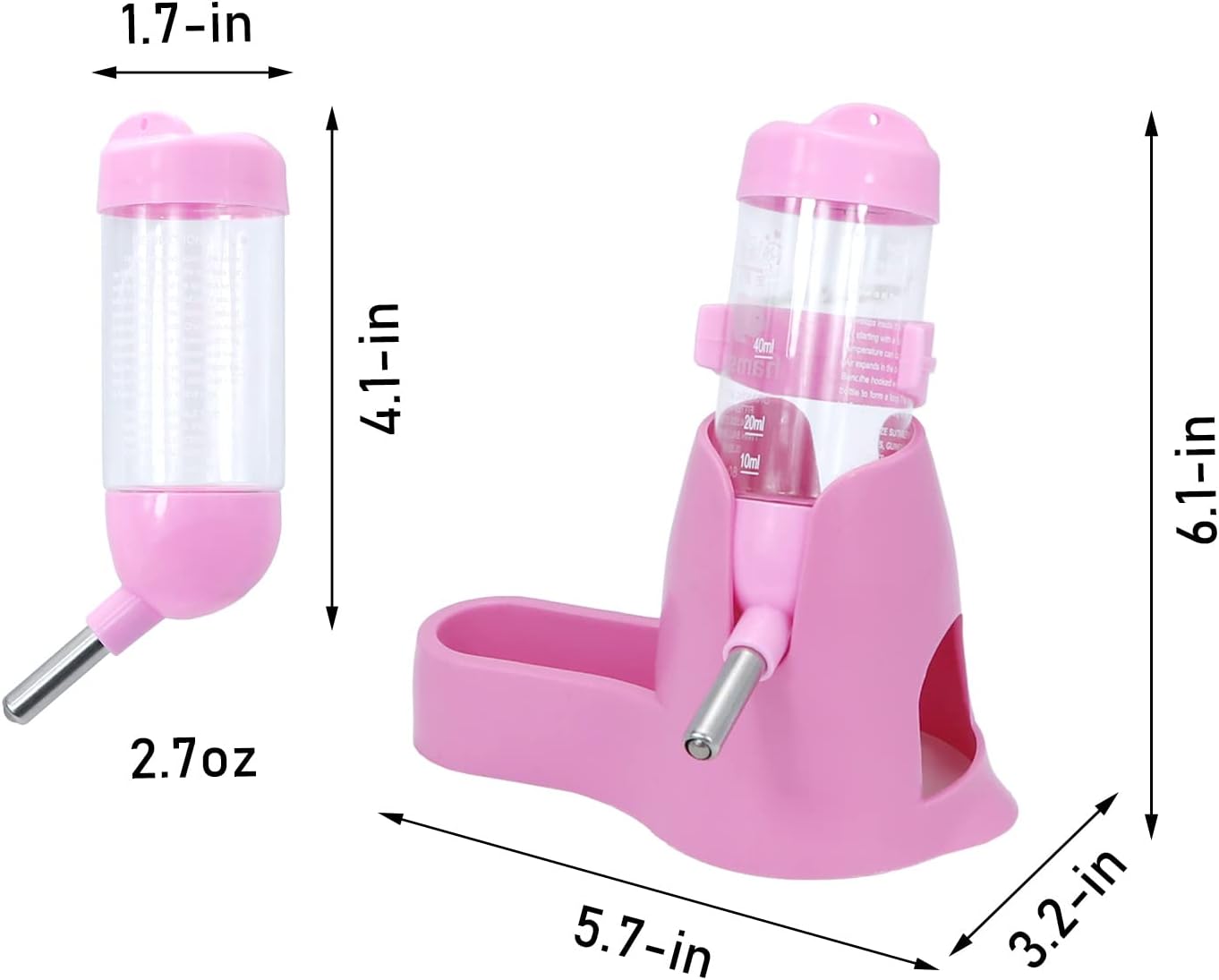 Water bowl for small animals - 3-in-1 hanging water bottle for hamsters - Automatic pet water bowl with stand - Suitable for dwarf hamsters, mice, rats and hedgehogs 80 ml - Pink