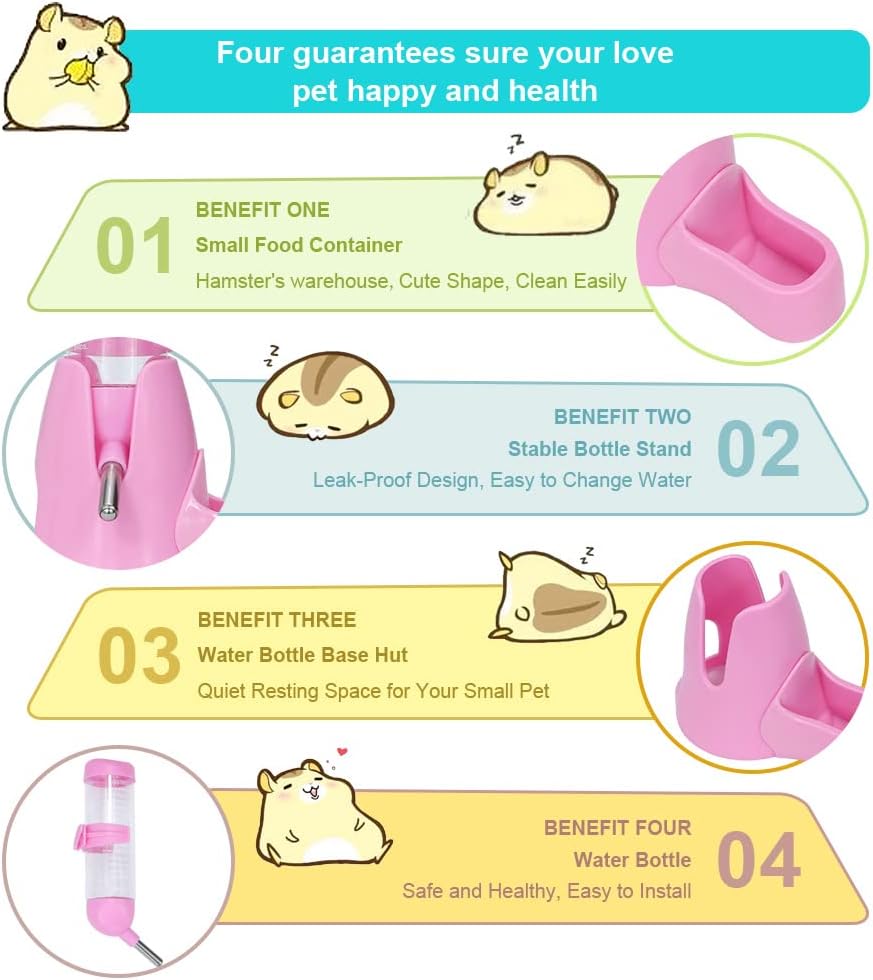 Water bowl for small animals - 3-in-1 hanging water bottle for hamsters - Automatic pet water bowl with stand - Suitable for dwarf hamsters, mice, rats and hedgehogs 80 ml - Pink