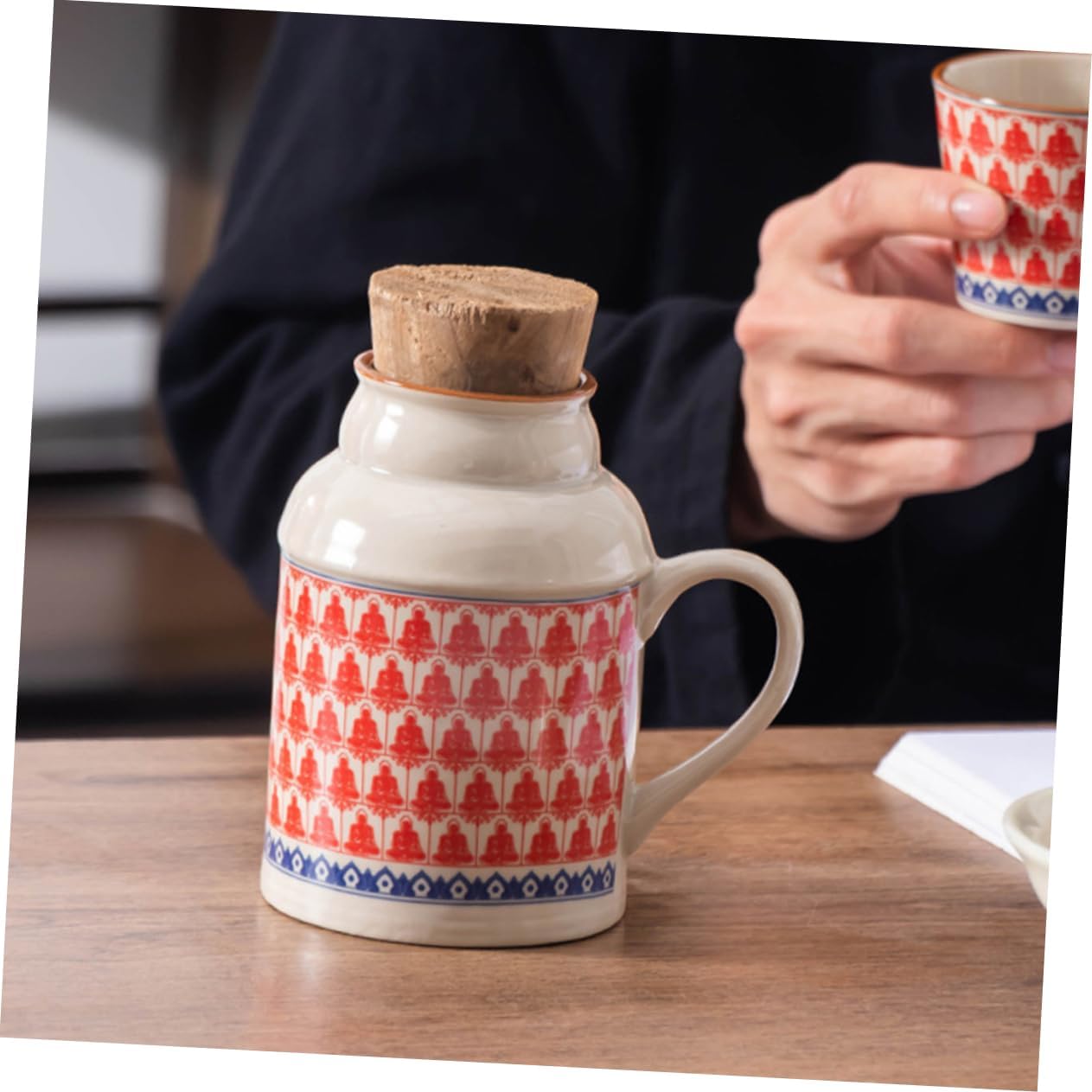 Ceramic teapot set with teacups - white body with red patterns and blue rim - cork stoppers - traditional style - 460 ml