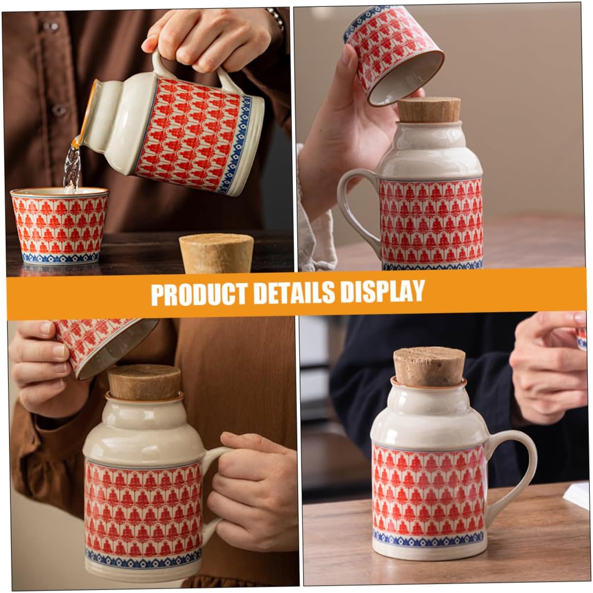 Ceramic teapot set with teacups - white body with red patterns and blue rim - cork stoppers - traditional style - 460 ml