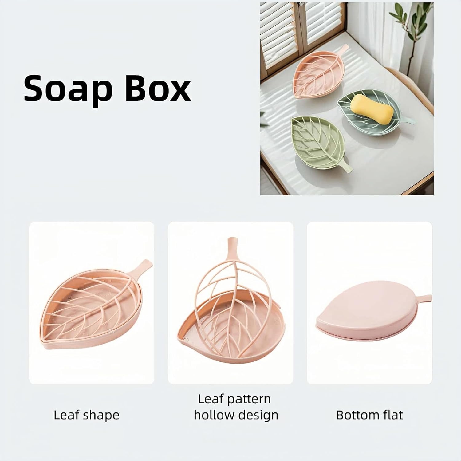 Soap dish set in leaf shape - soap dish and draining rack with double layer leaf design - removable wall-mounted storage rack suitable for showers - no drilling required light green/blue/pink