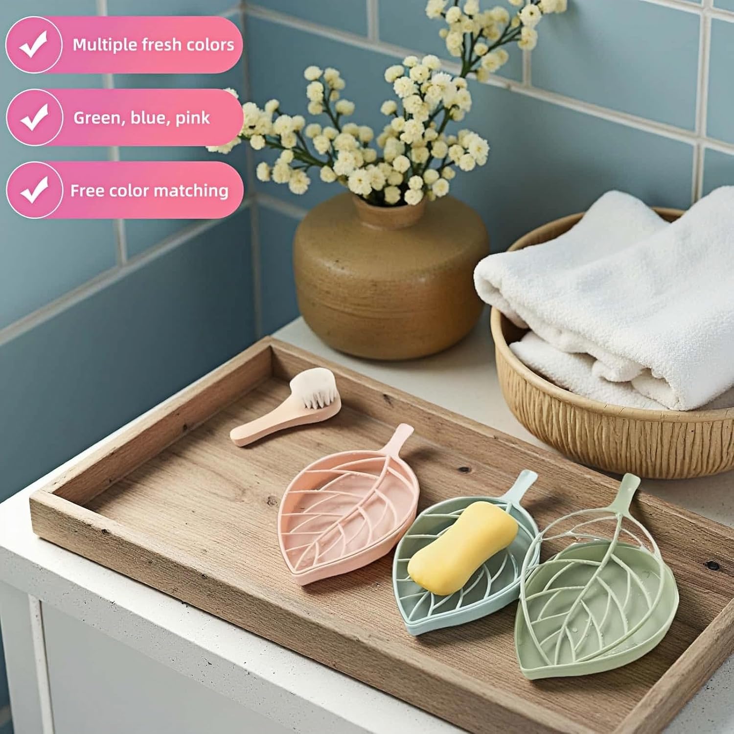 Soap dish set in leaf shape - soap dish and draining rack with double layer leaf design - removable wall-mounted storage rack suitable for showers - no drilling required light green/blue/pink