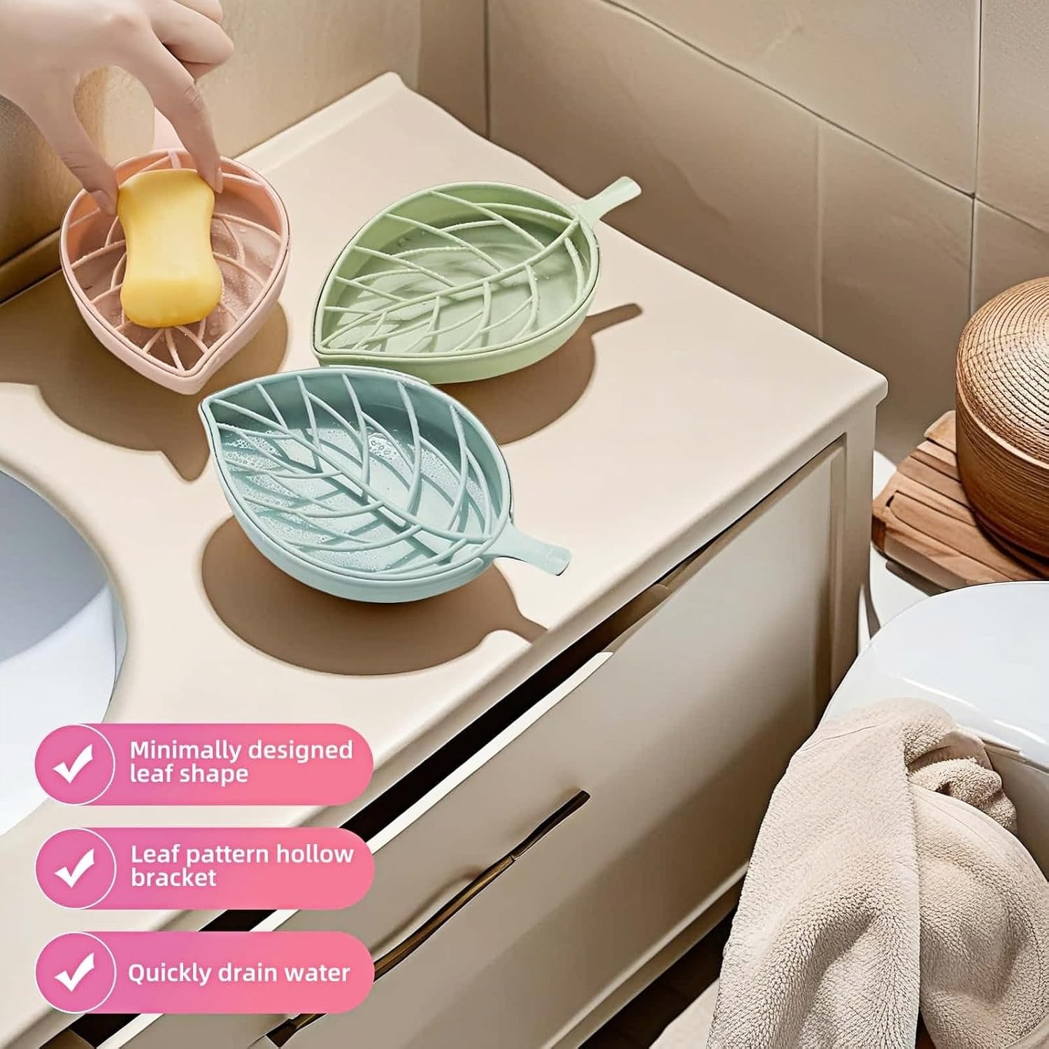Soap dish set in leaf shape - soap dish and draining rack with double layer leaf design - removable wall-mounted storage rack suitable for showers - no drilling required light green/blue/pink