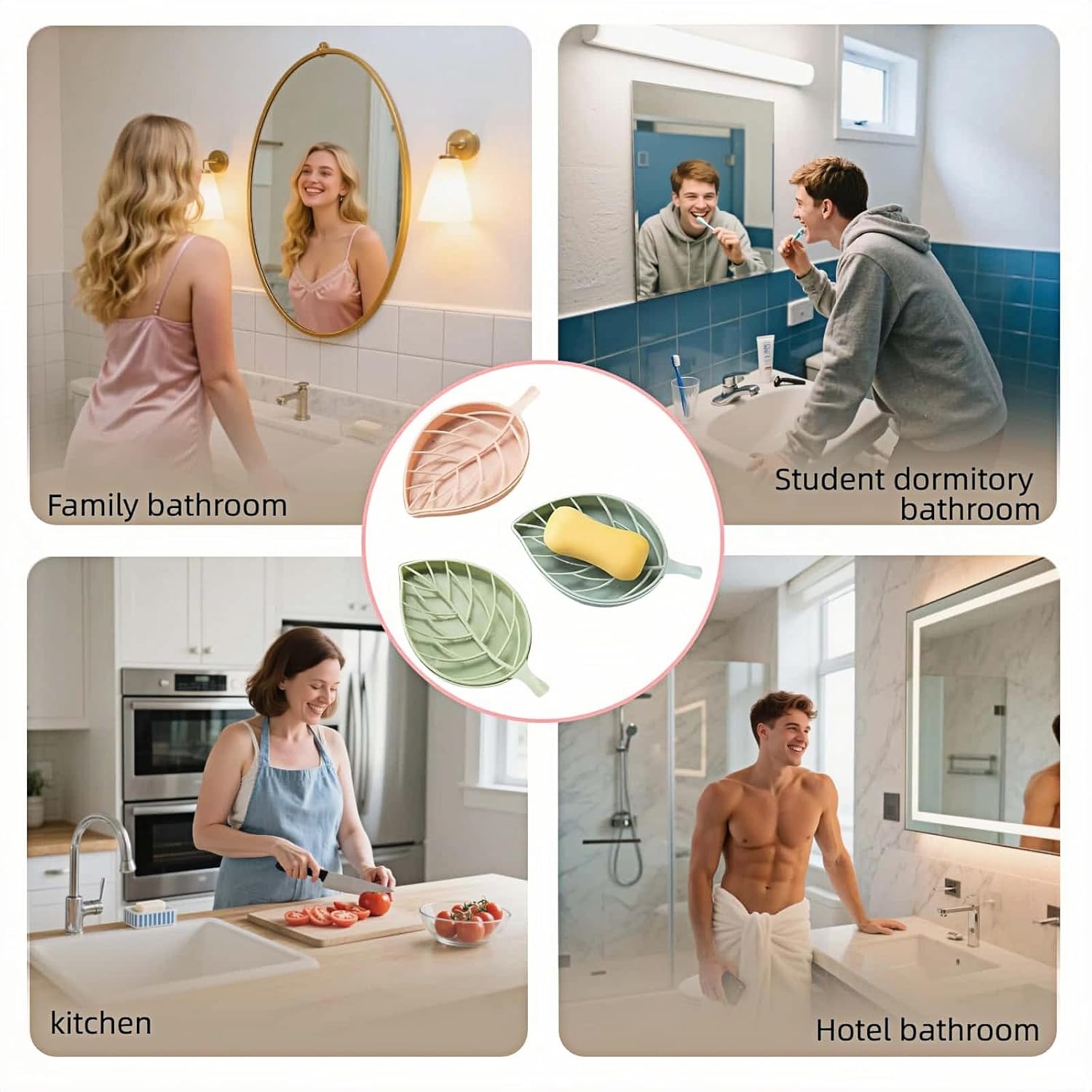 Soap dish set in leaf shape - soap dish and draining rack with double layer leaf design - removable wall-mounted storage rack suitable for showers - no drilling required light green/blue/pink