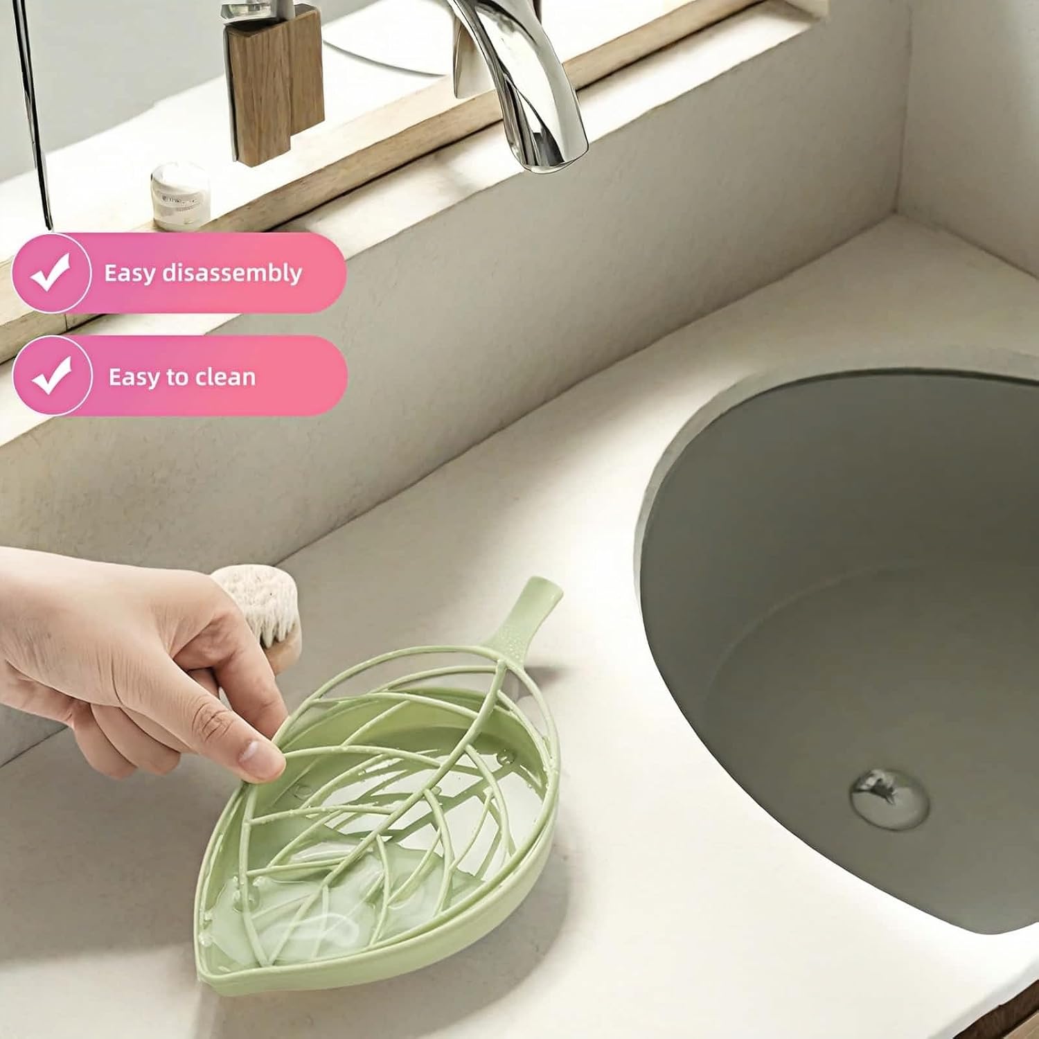 Soap dish set in leaf shape - soap dish and draining rack with double layer leaf design - removable wall-mounted storage rack suitable for showers - no drilling required light green/blue/pink