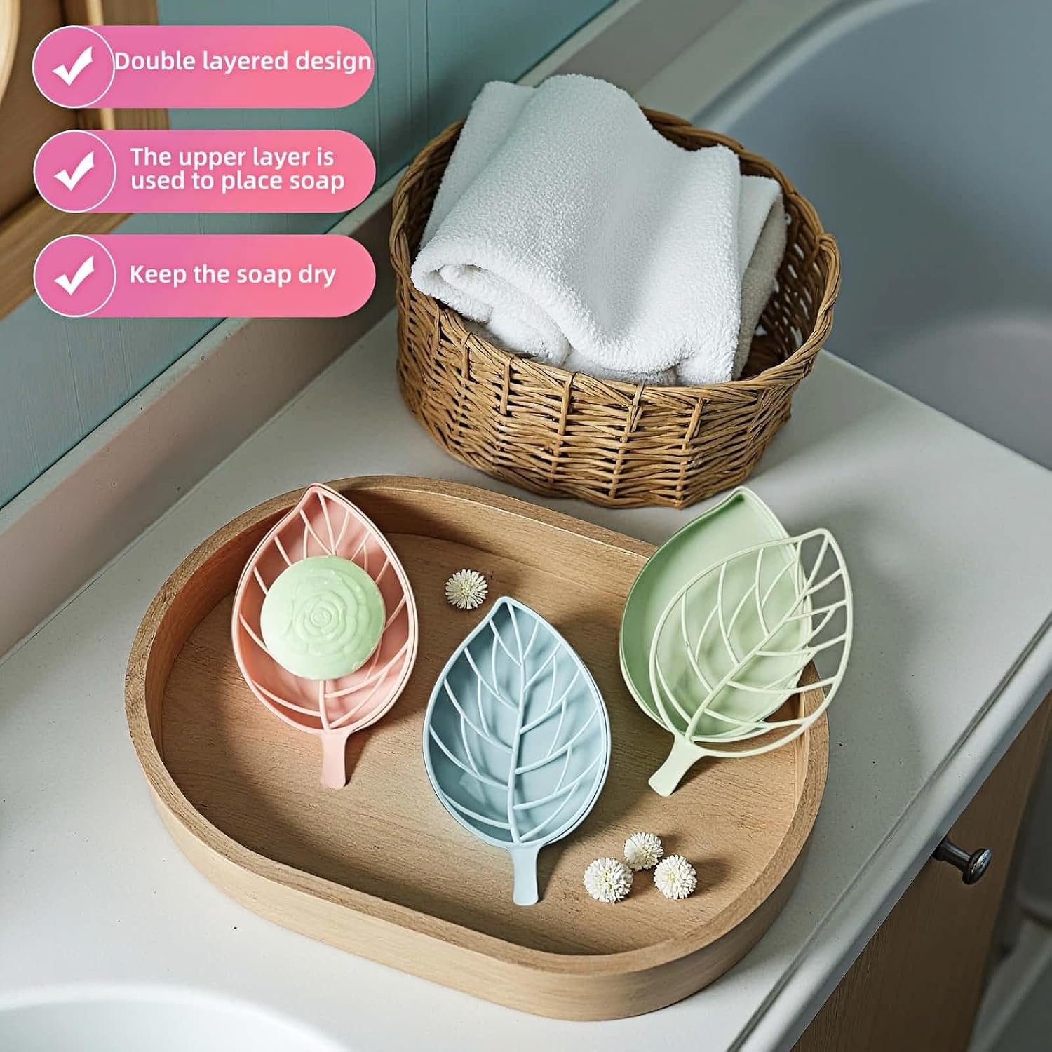 Soap dish set in leaf shape - soap dish and draining rack with double layer leaf design - removable wall-mounted storage rack suitable for showers - no drilling required light green/blue/pink