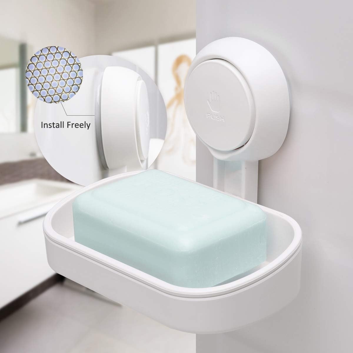 Shower soap dish, load capacity up to 3 kg, bathroom, soap dish with suction cup, wall-mounted, waterproof, no drilling required, removable shower storage container with suction cup, sponge holder, white plastic