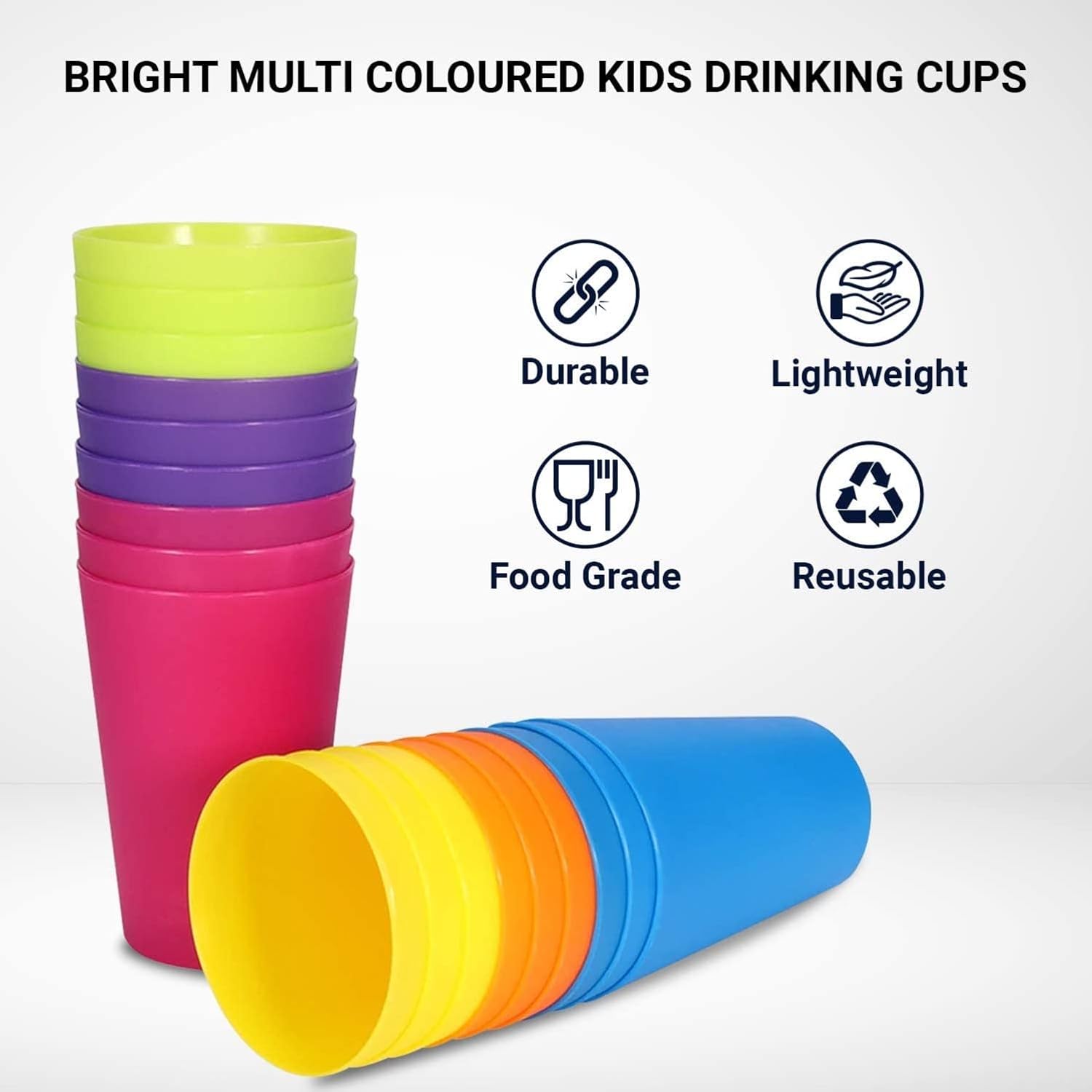 Set of 24 reusable plastic cups, 250 ml, durable plastic drink cups for kids, for use in the kitchen, outdoors, parties, picnics, barbecues, travel 6 bright colours