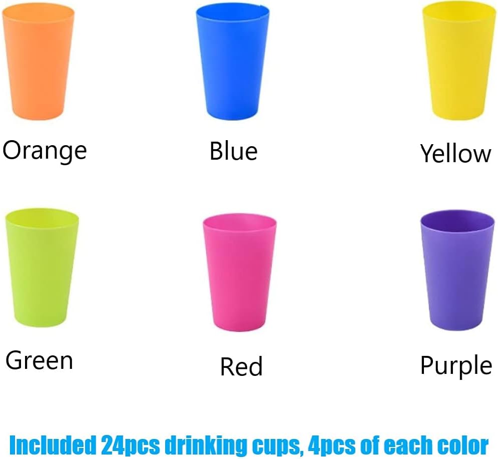 Set of 24 reusable plastic cups, 250 ml, durable plastic drink cups for kids, for use in the kitchen, outdoors, parties, picnics, barbecues, travel 6 bright colours