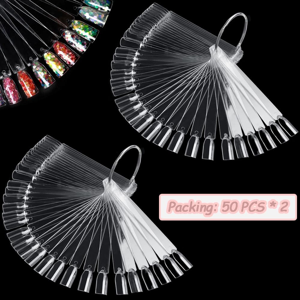 100 transparent nail sticks in wave shape, nail polish sticks, nail display sticks, transparent plastic pointed color sticks with metal ring for salons and beginners