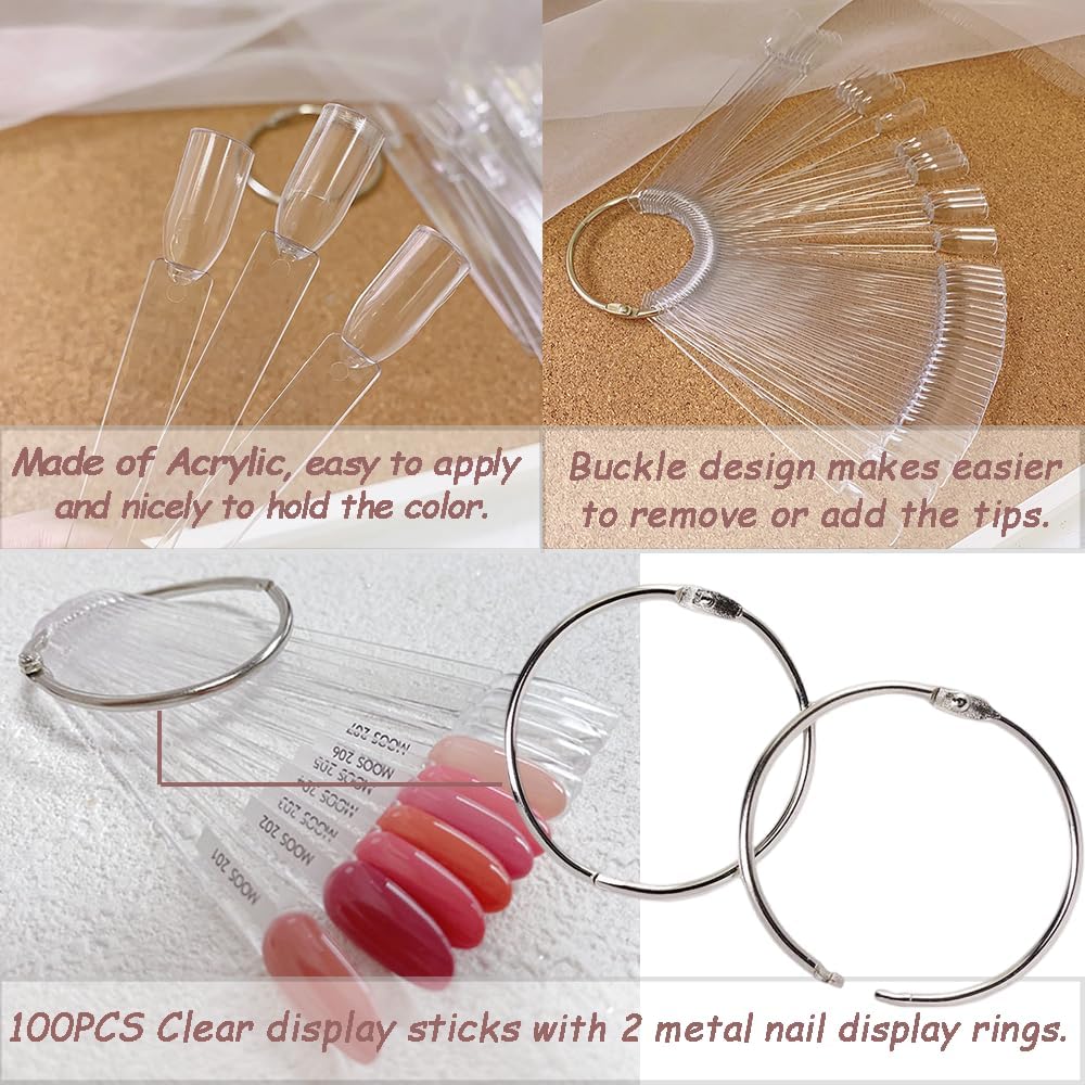100 transparent nail sticks in wave shape, nail polish sticks, nail display sticks, transparent plastic pointed color sticks with metal ring for salons and beginners