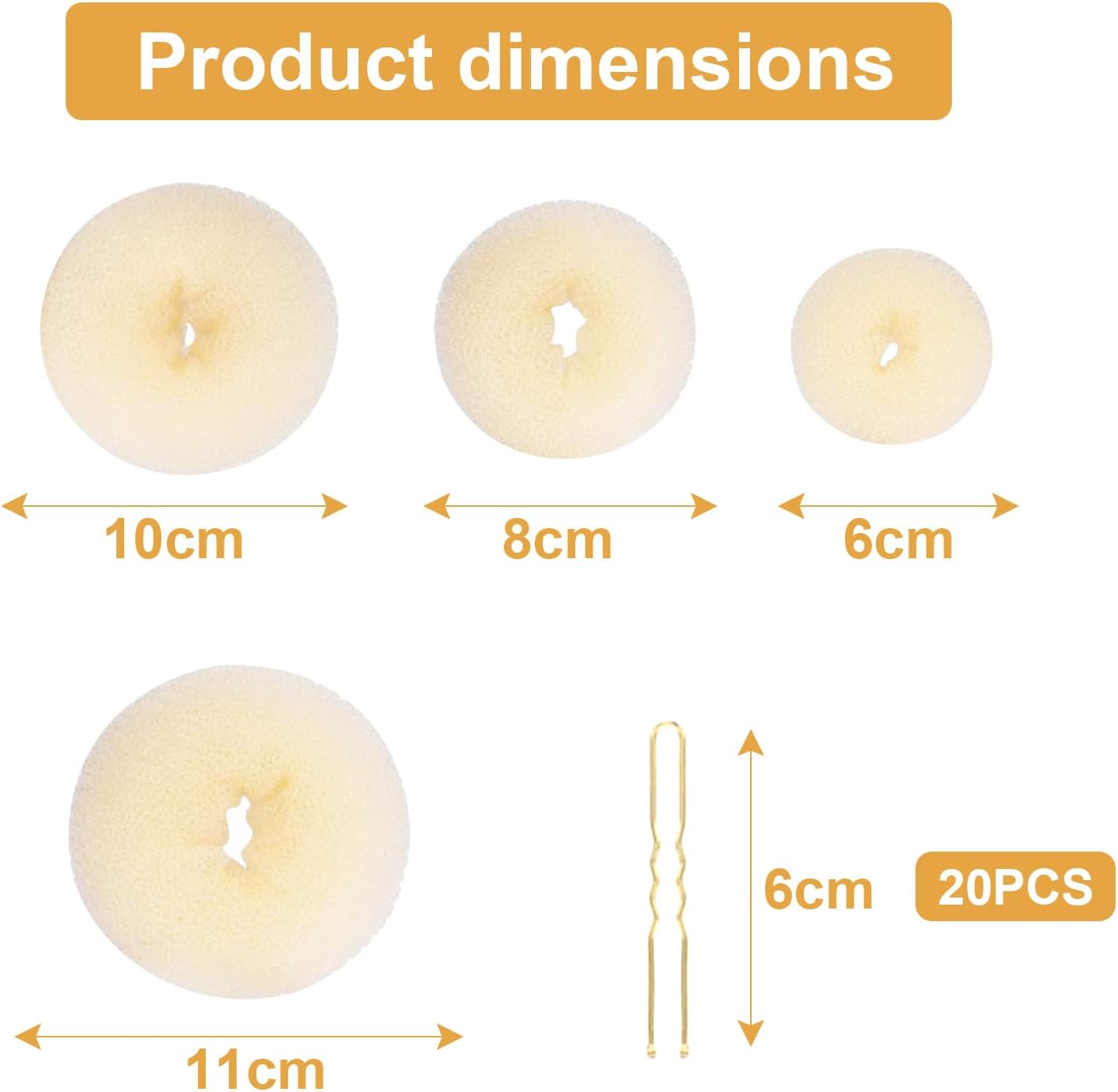 4-piece ring donut bun styler set with 20 gold hair clips, beige donut bun maker, hair rings, styling kit for dancers, ballerinas, girls, etc. and daily hair styling DIY beige