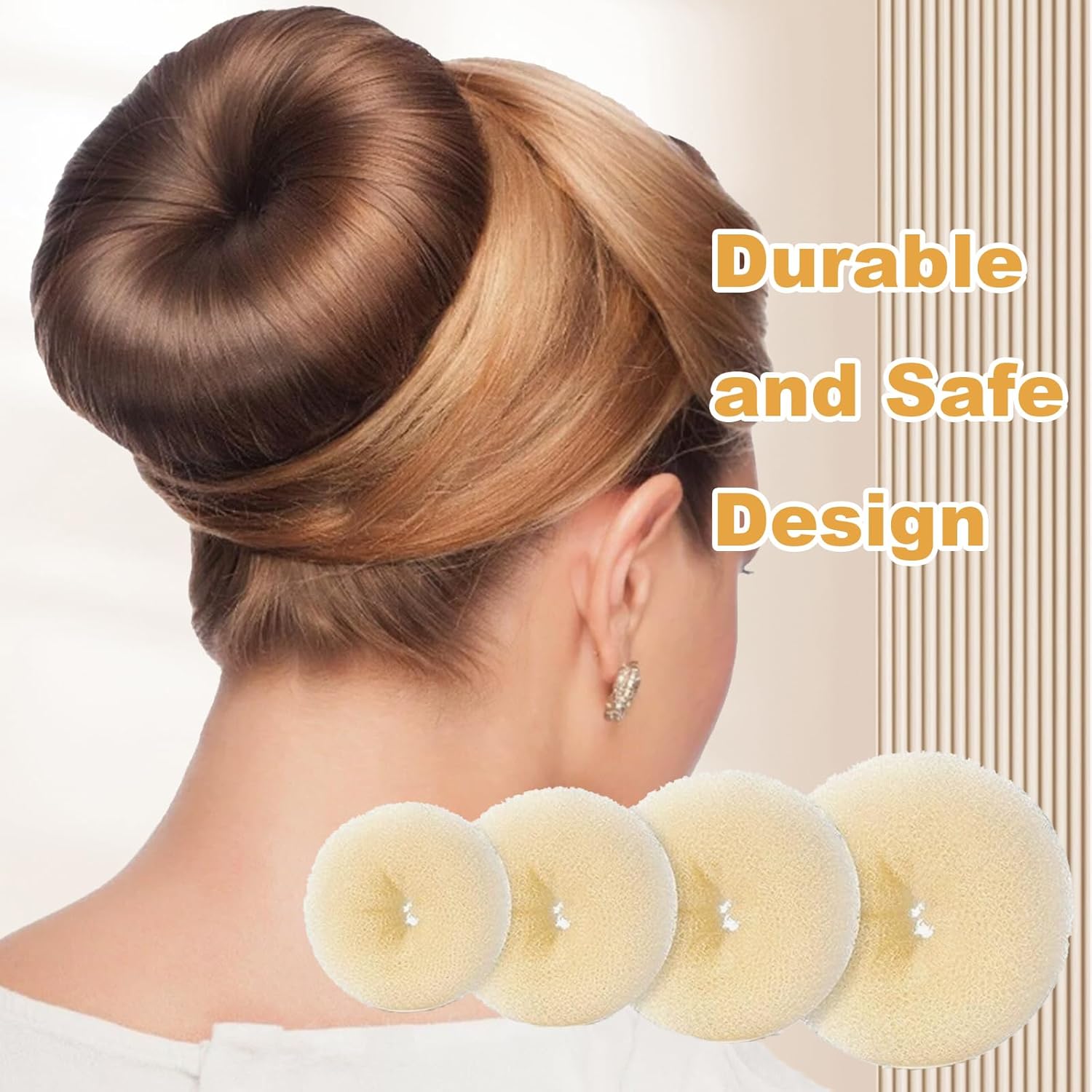 4-piece ring donut bun styler set with 20 gold hair clips, beige donut bun maker, hair rings, styling kit for dancers, ballerinas, girls, etc. and daily hair styling DIY beige