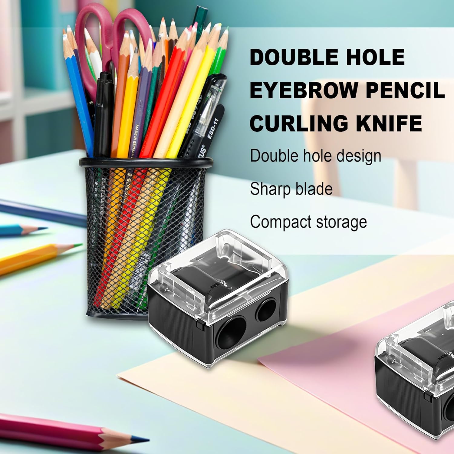 2-piece eyeliner pencil sharpener, makeup pencil sharpener with 2 holes, compact eyebrow pencil sharpener for different sizes of eyebrow pencils, eyeliner pencils, lip liners, etc., easy to clean black