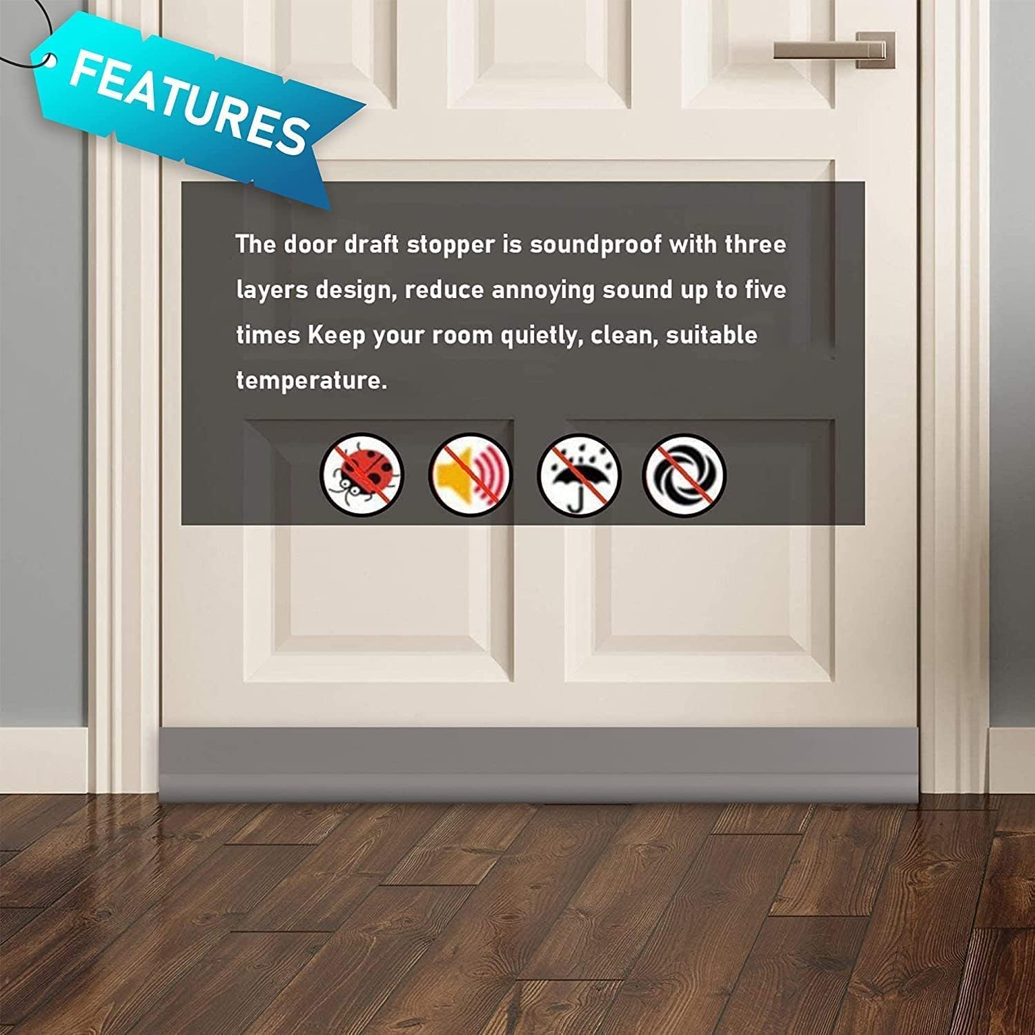 Door stopper, draft excluder, draft strip, 37 inch, cuttable, draft seal, insulator, sound insulation, heat insulation, insulation, insect repellent, suitable for indoor and outdoor doors, 1 pack, grey