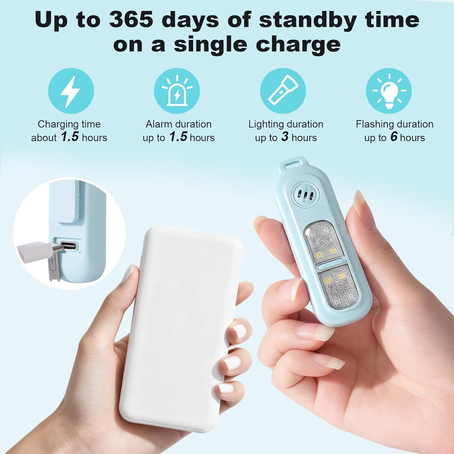 Rechargeable personal safety alarm for women - 130 dB self-defence keychain alarm - with strobe light and LED torch - bear alarm - rechargeable emergency safety alarm - suitable for night runners and children - blue