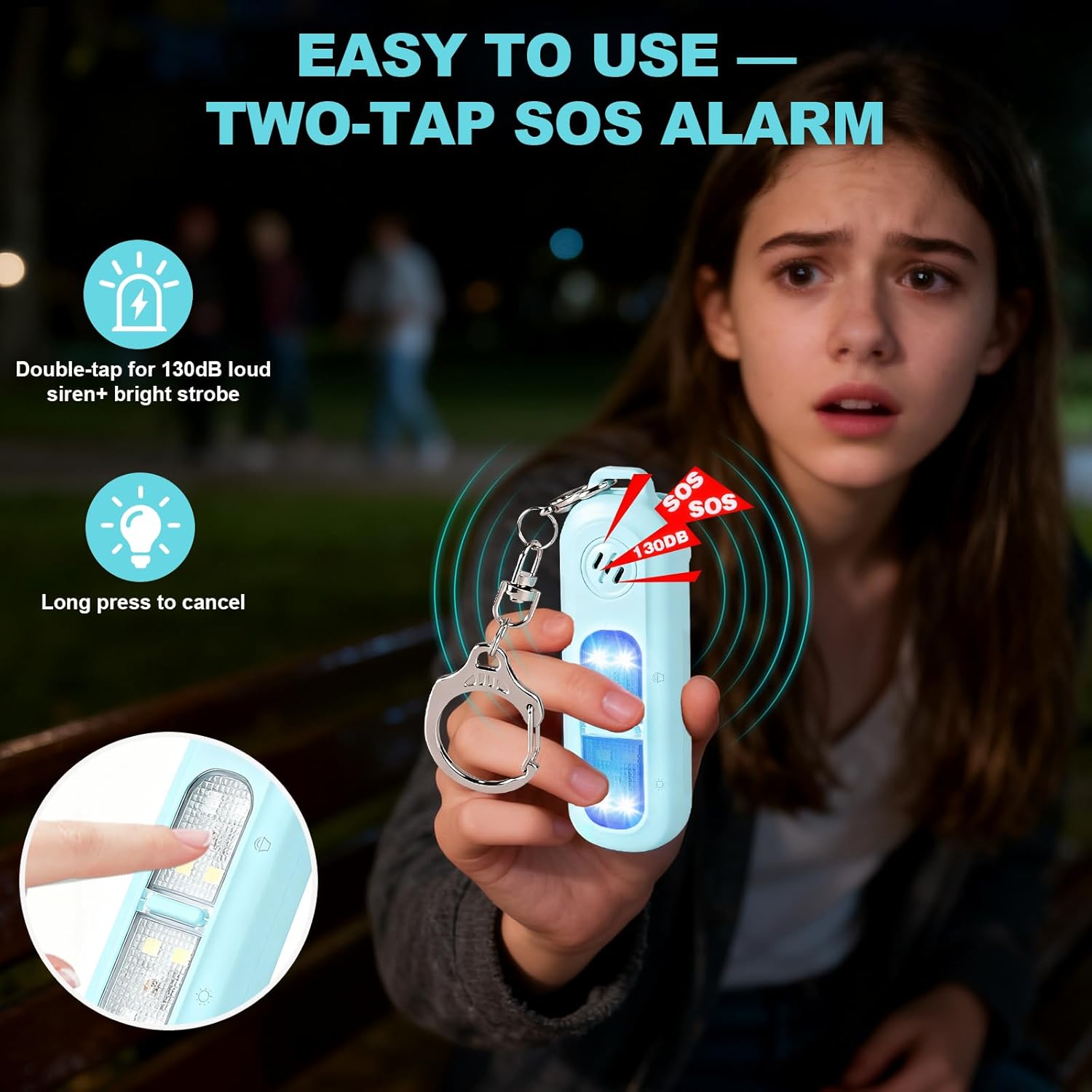Rechargeable personal safety alarm for women - 130 dB self-defence keychain alarm - with strobe light and LED torch - bear alarm - rechargeable emergency safety alarm - suitable for night runners and children - blue