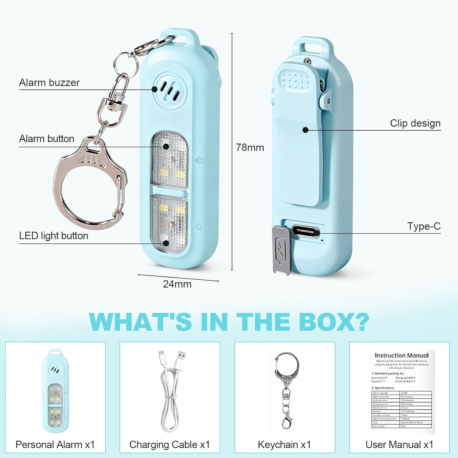 Rechargeable personal safety alarm for women - 130 dB self-defence keychain alarm - with strobe light and LED torch - bear alarm - rechargeable emergency safety alarm - suitable for night runners and children - blue