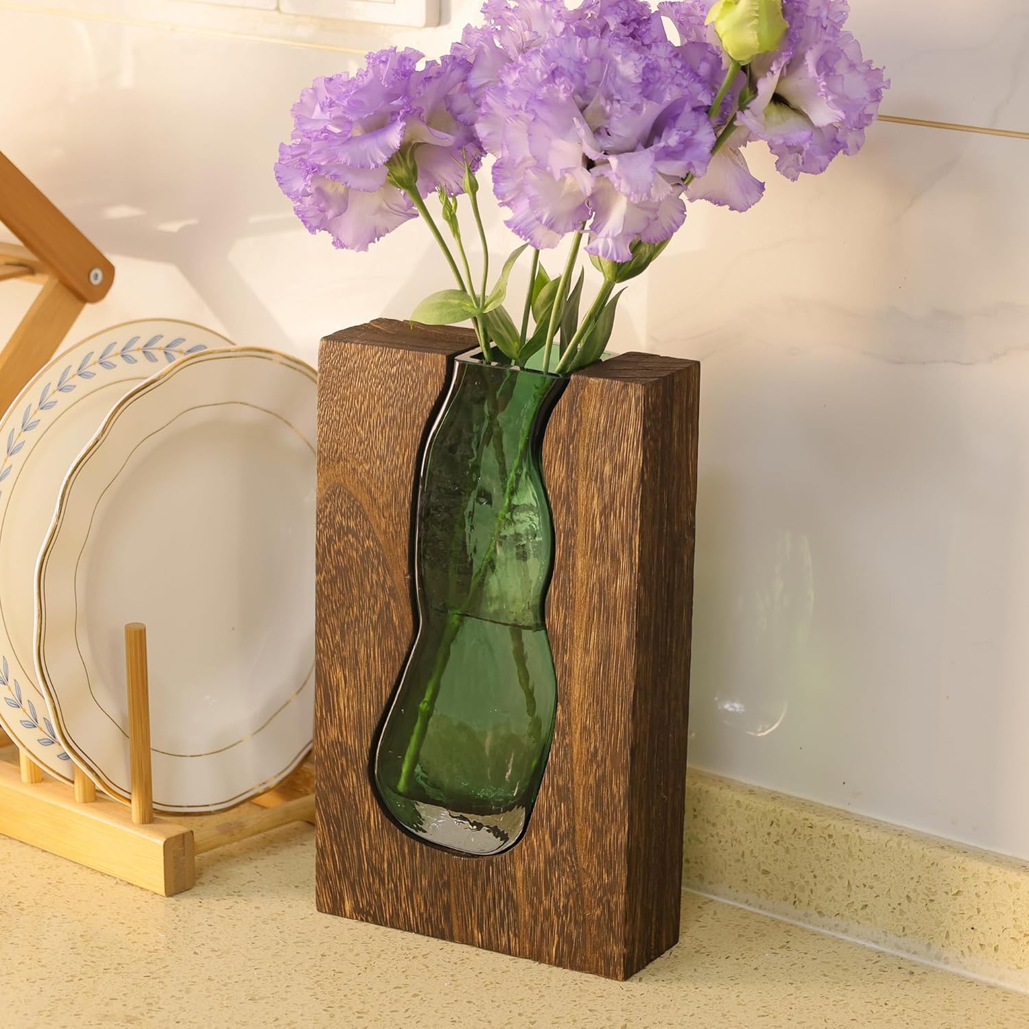Vase with inlaid wood and glass - Rustic style wood and glass vase - Solid wood and glass vase - Vase for home decor - Table decoration 9.45 inches