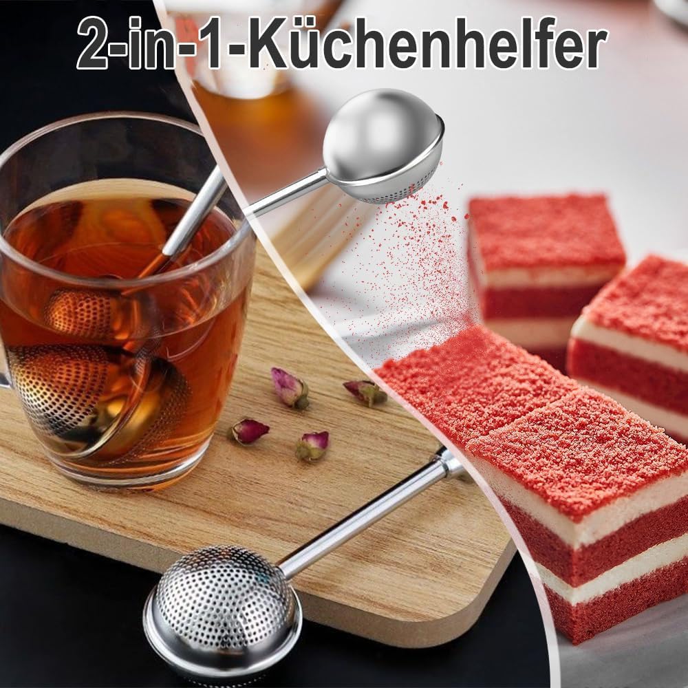 Set of 2 separate tea filters - Tea filter with telescopic handle - Tea strainer made of 304 stainless steel - Flour sieve made of stainless steel - Powder dispenser - Suitable for sugar, flour, spices and cocoa powder B