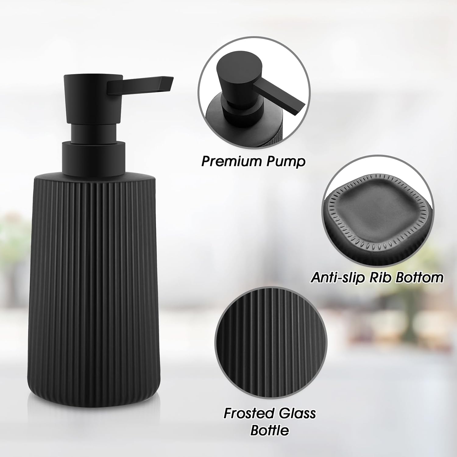 Soap Dispenser - Black Soap Dispenser for Detergent - Kitchen Soap Dispenser - With Press Dispenser - Suitable for Countertops - Bathroom and Kitchen 2 pieces - Black