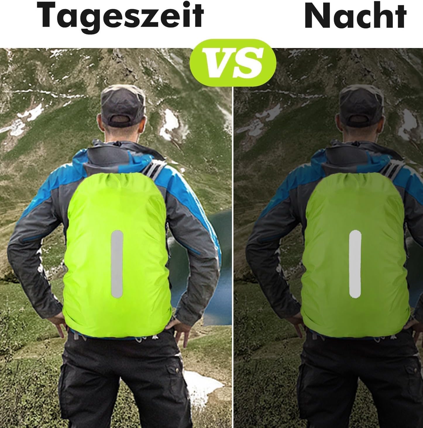 Rain covers for backpacks with reflective strips - capacity 15 litres to 100 litres - waterproof and rain-resistant backpack covers - suitable for hiking, camping, travelling, cycling, etc. - can also be used as a school bag.