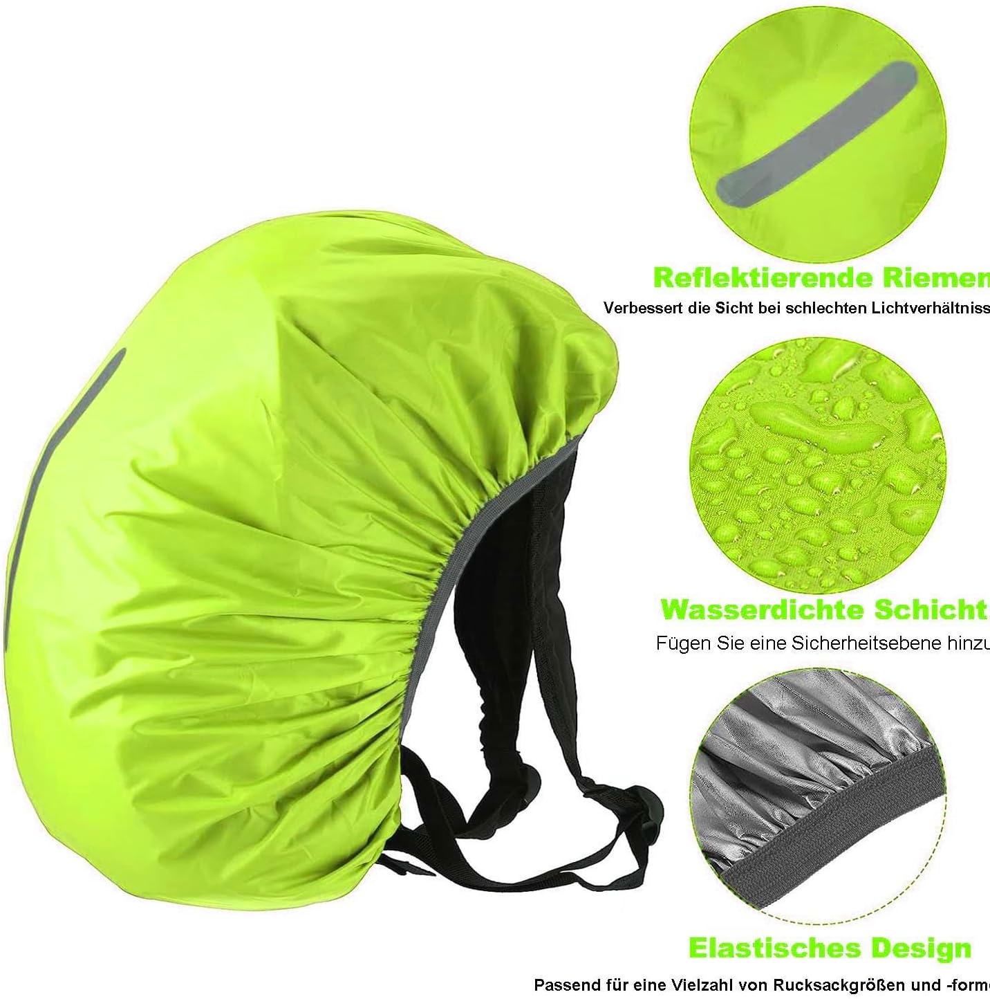 Rain covers for backpacks with reflective strips - capacity 15 litres to 100 litres - waterproof and rain-resistant backpack covers - suitable for hiking, camping, travelling, cycling, etc. - can also be used as a school bag.