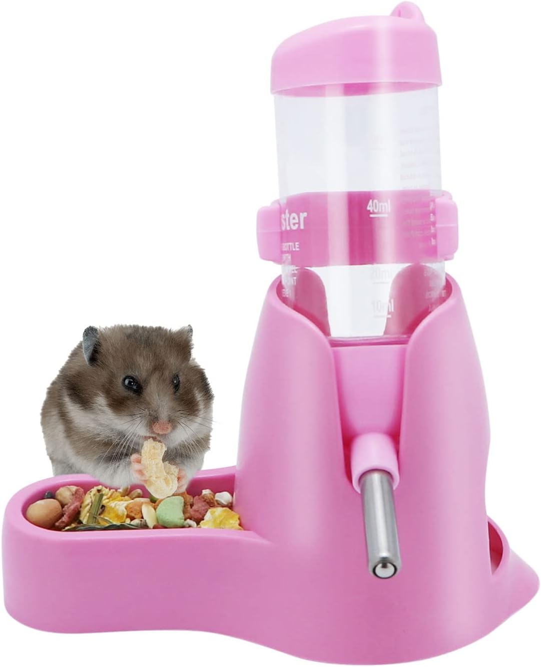 Water bowl for small animals - 3-in-1 hanging water bottle for hamsters - Automatic pet water bowl with stand - Suitable for dwarf hamsters, mice, rats and hedgehogs 80 ml - Pink