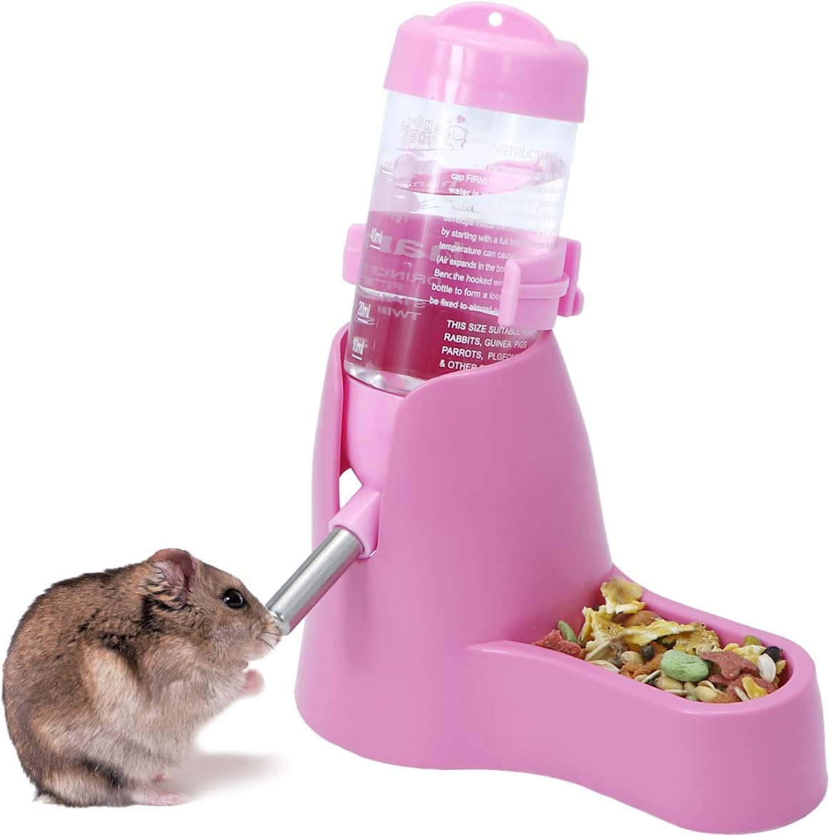 Water bowl for small animals - 3-in-1 hanging water bottle for hamsters - Automatic pet water bowl with stand - Suitable for dwarf hamsters, mice, rats and hedgehogs 80 ml - Pink