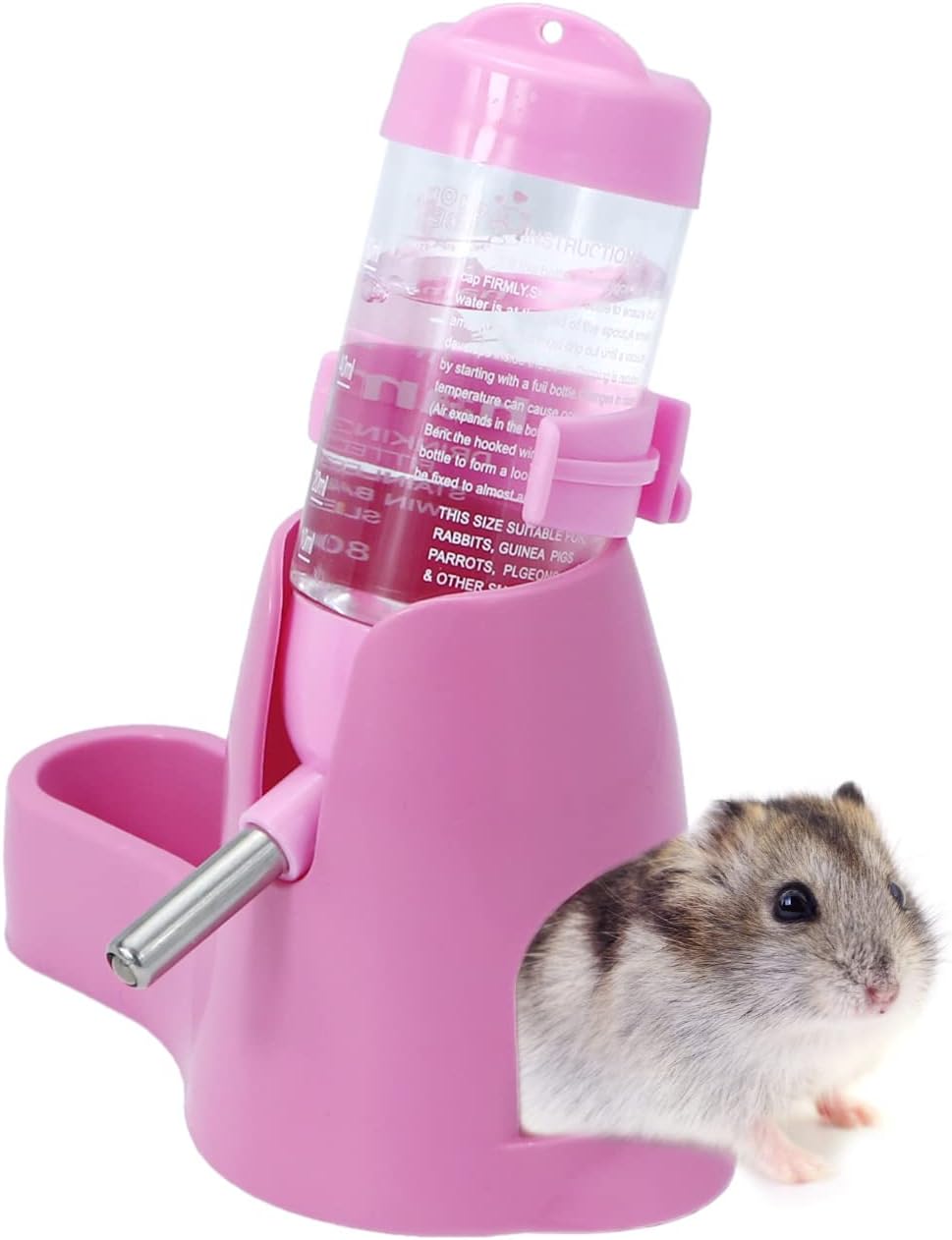 Water bowl for small animals - 3-in-1 hanging water bottle for hamsters - Automatic pet water bowl with stand - Suitable for dwarf hamsters, mice, rats and hedgehogs 80 ml - Pink