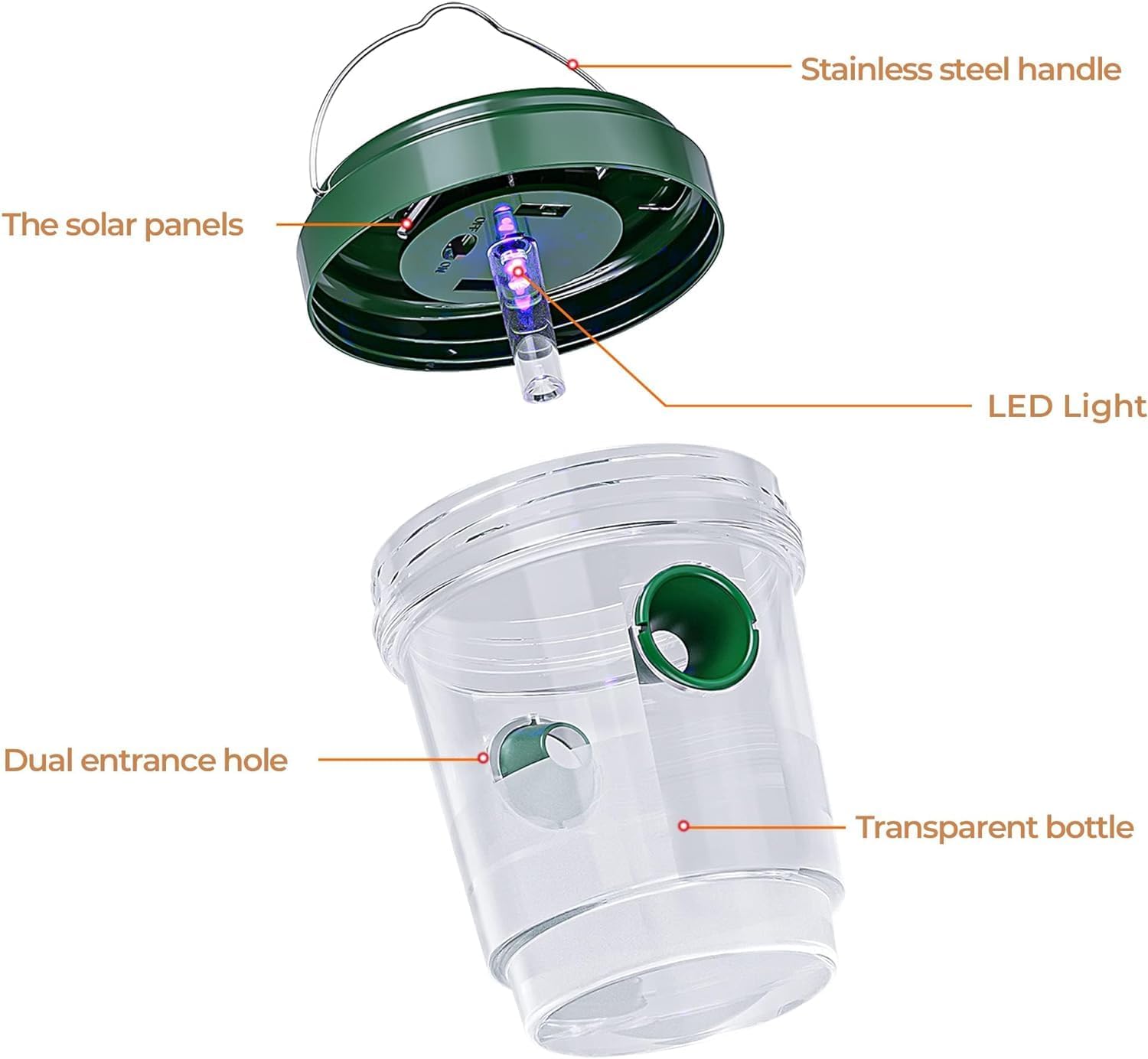 2-pack solar-powered wasp traps - Hanging wasp traps for outdoors - Suitable for wasps, hornets, bumblebees, etc. outdoors - With UV-LED light