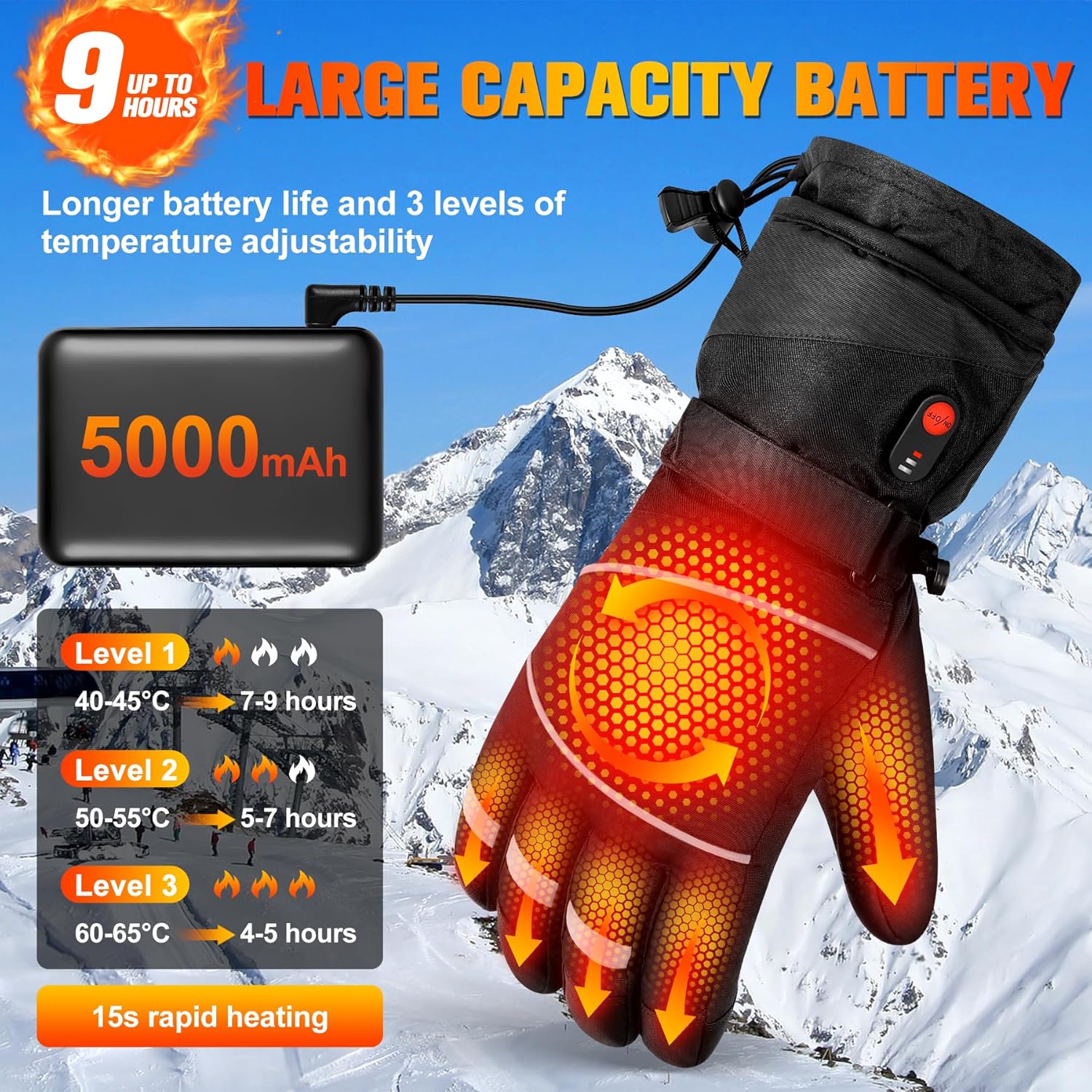 Gloves - Warm winter gloves - Rechargeable heated gloves - 3 heating settings, 360° heating - Touchscreen, waterproof/windproof - Winter ski/cycling/hiking gloves unisex
