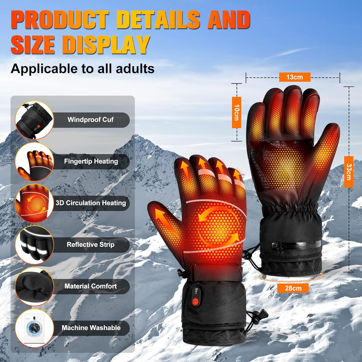 Gloves - Warm winter gloves - Rechargeable heated gloves - 3 heating settings, 360° heating - Touchscreen, waterproof/windproof - Winter ski/cycling/hiking gloves unisex