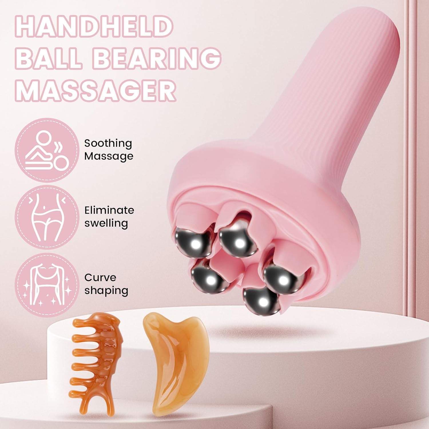 Massager - Portable Lymph Massage Roller - Neck Roller - Massage Tool - Helps Release Muscles, Face and Body - Face Roller - Facial Gua Sha Set pink