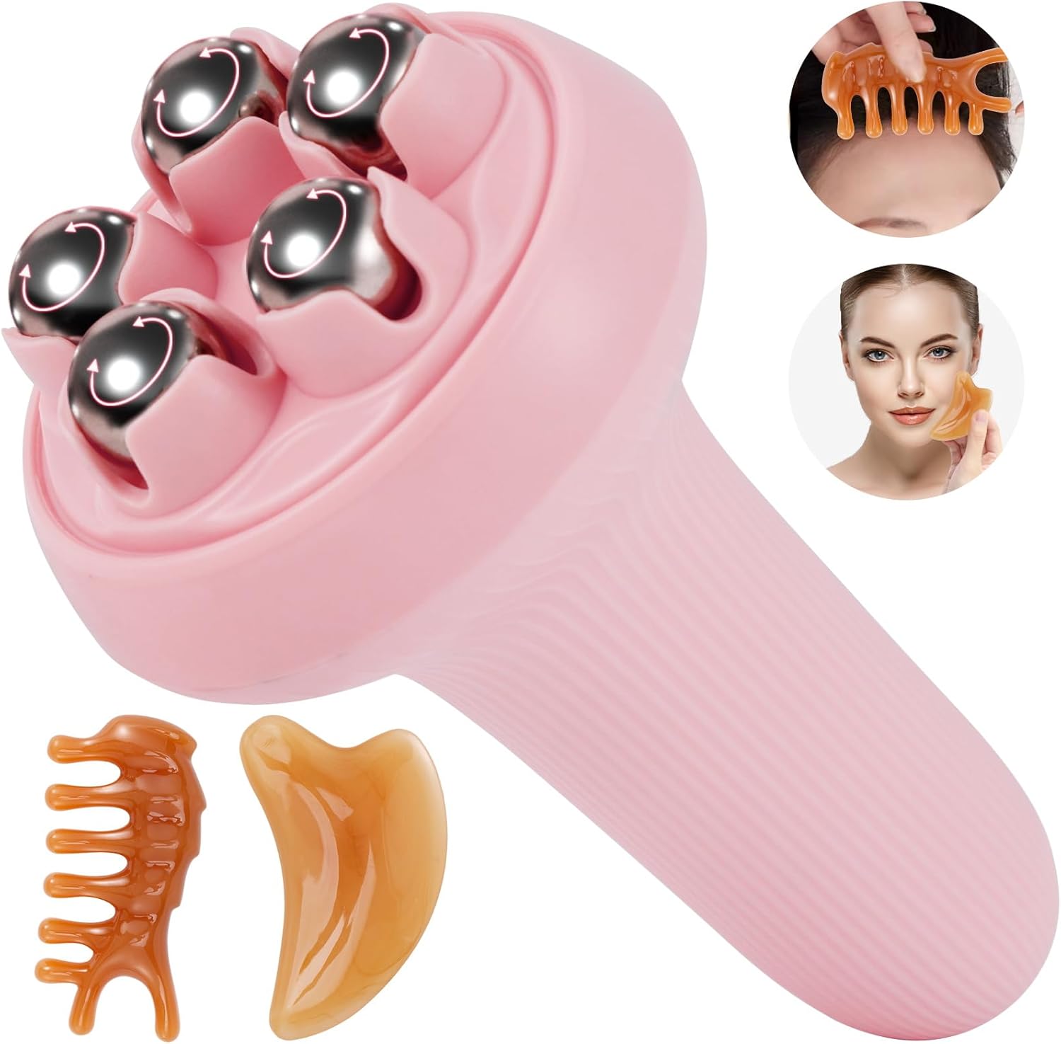 Massager - Portable Lymph Massage Roller - Neck Roller - Massage Tool - Helps Release Muscles, Face and Body - Face Roller - Facial Gua Sha Set pink