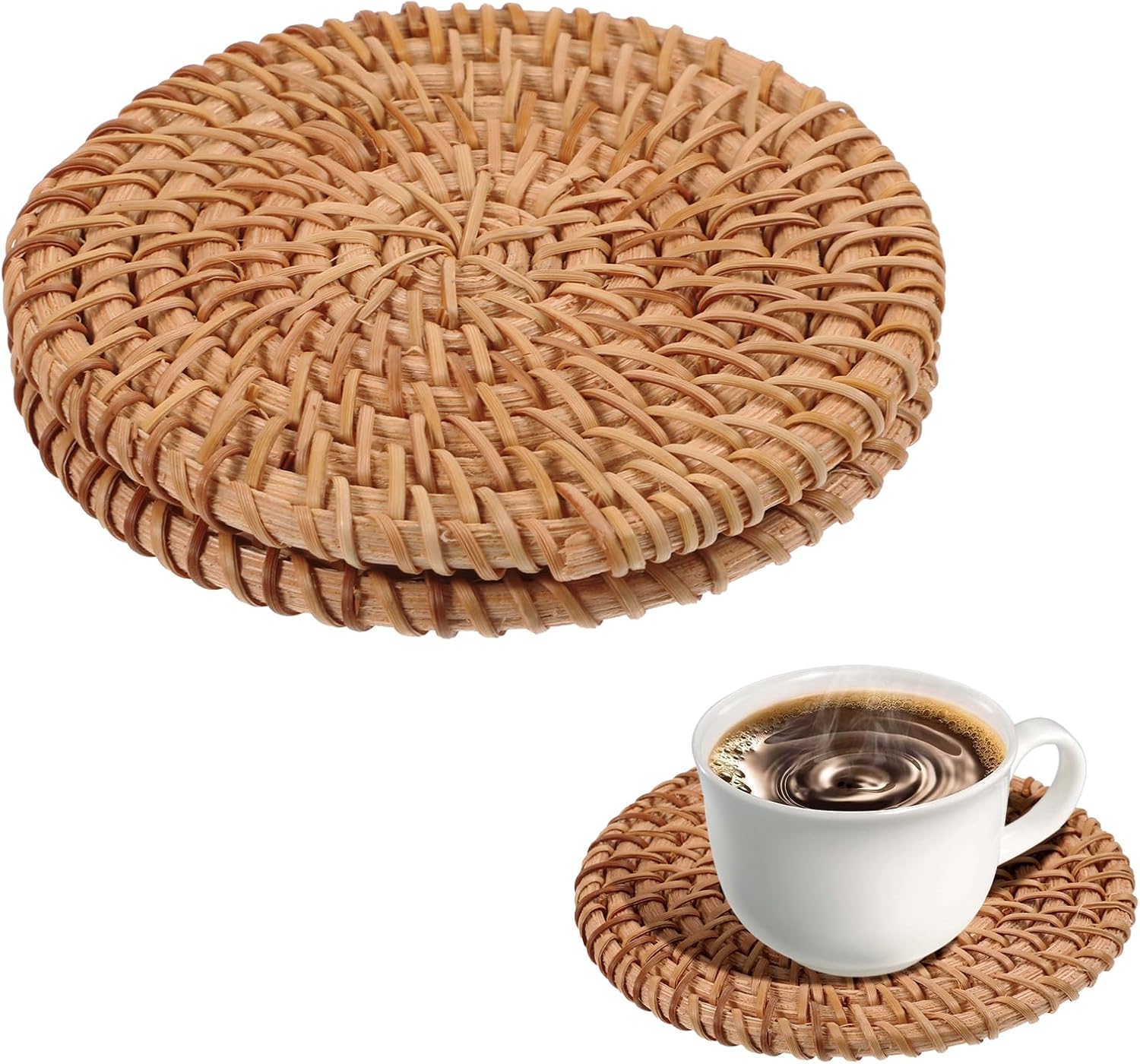 Coasters - Set of 2 - Naturally Woven Coasters - Rattan Coasters - 3.93 inches - Round Reed Coasters - Eco-Friendly Coasters - Boho Coasters - Coffee Table - Housewarming Gift - Hot Drinks - Home Decor