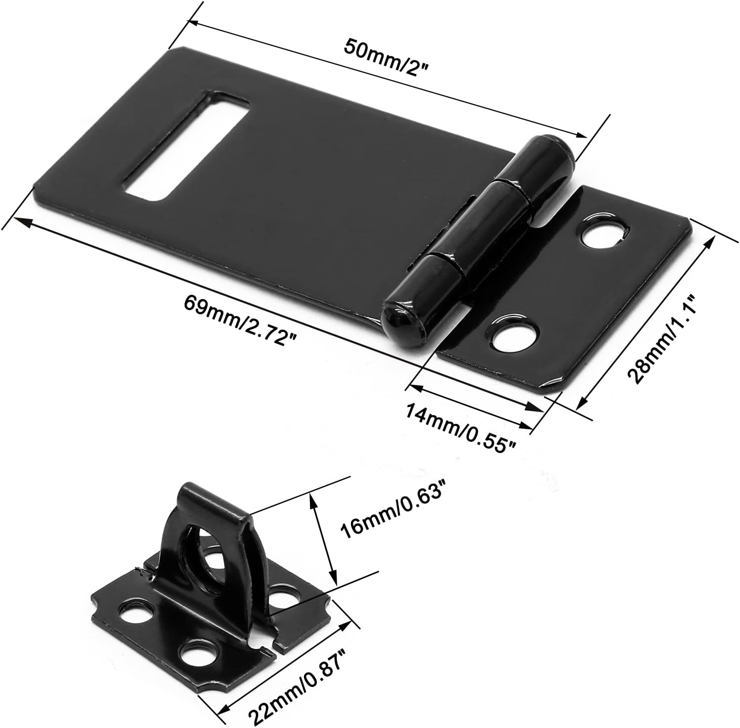 Biaungdo 2 Inch Padlock Hasp, 4 Pcs Door Slide Latch Lock Security Door Clasp Black Painted Iron Gate Bolt Lock Hasp with Screws for Door Gate, Home, Garden, Yard Black