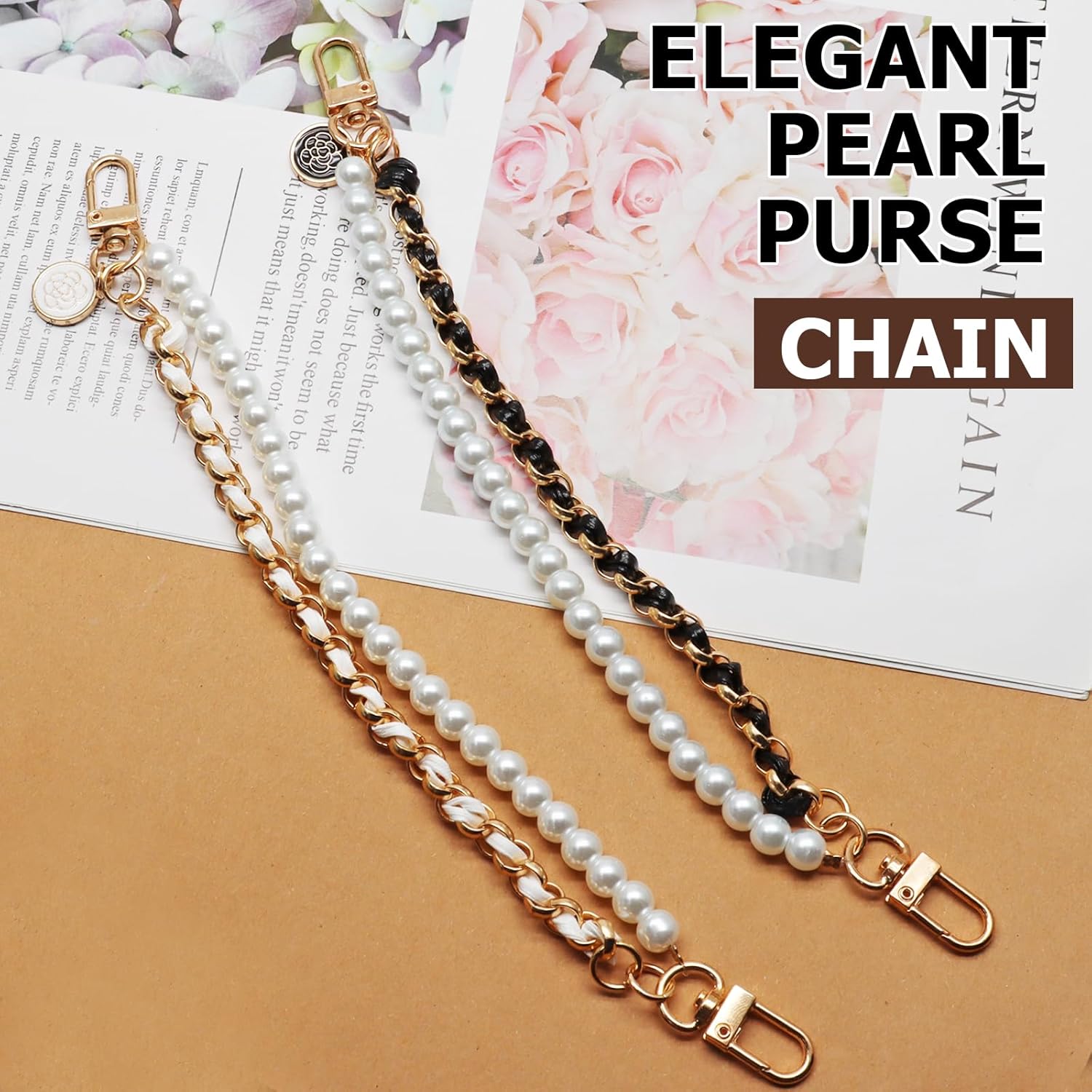 Biaungdo 2 Pcs Pearl Purse Extender Chain, Luxury Black and Gold Handbag Straps Replacement, Metal Purse Strap Extender Short Purse Handles Clutches Handles for DIY Crafts Bags