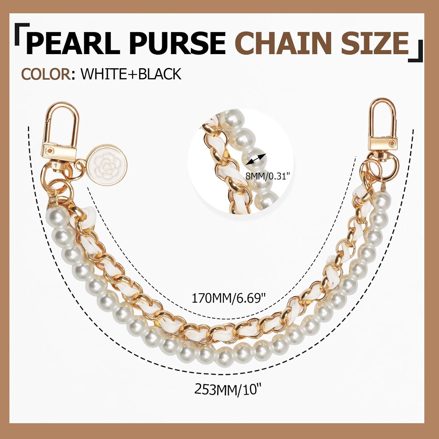 Biaungdo 2 Pcs Pearl Purse Extender Chain, Luxury Black and Gold Handbag Straps Replacement, Metal Purse Strap Extender Short Purse Handles Clutches Handles for DIY Crafts Bags