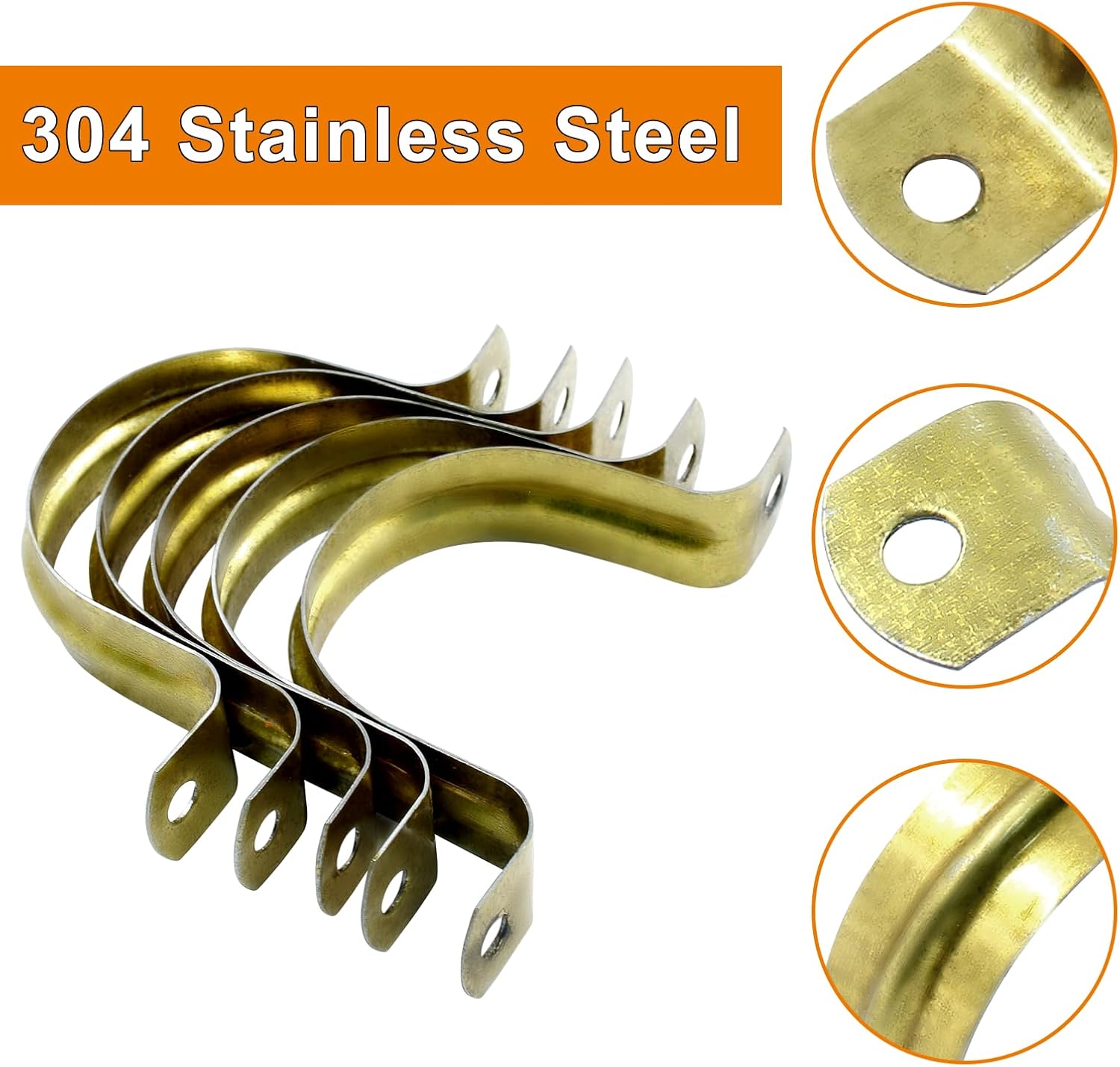 Biaungdo 20 Pcs M40 Rigid Pipe Strap, 1-1/2 Inch Stainless Steel Two Hole Strap U Bracket Pipe Clamps Heavy Duty Conduit Clamps Tension Tube Clip Cable Clamp Hanger with 2 Holes for Pipe Cable Gold