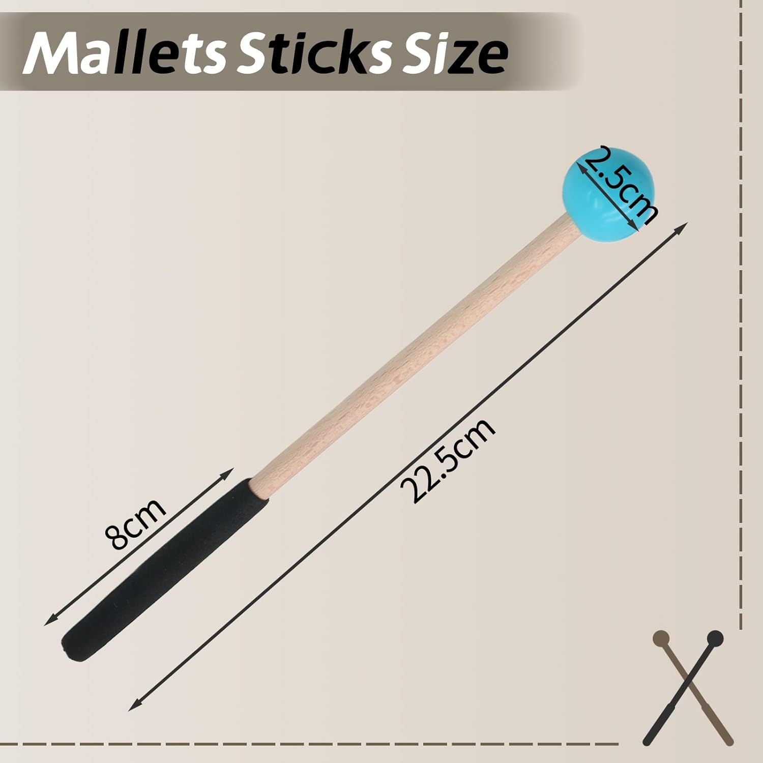 Biaungdo 2 Pack 8.7 Inch Glockenspiel Mallets, Rubber Xylophone Mallets Bell Stick Percussion with Wood Handle Drumstick Percussion Instrument Parts for Bell, Tongue Drum Mallet Blue