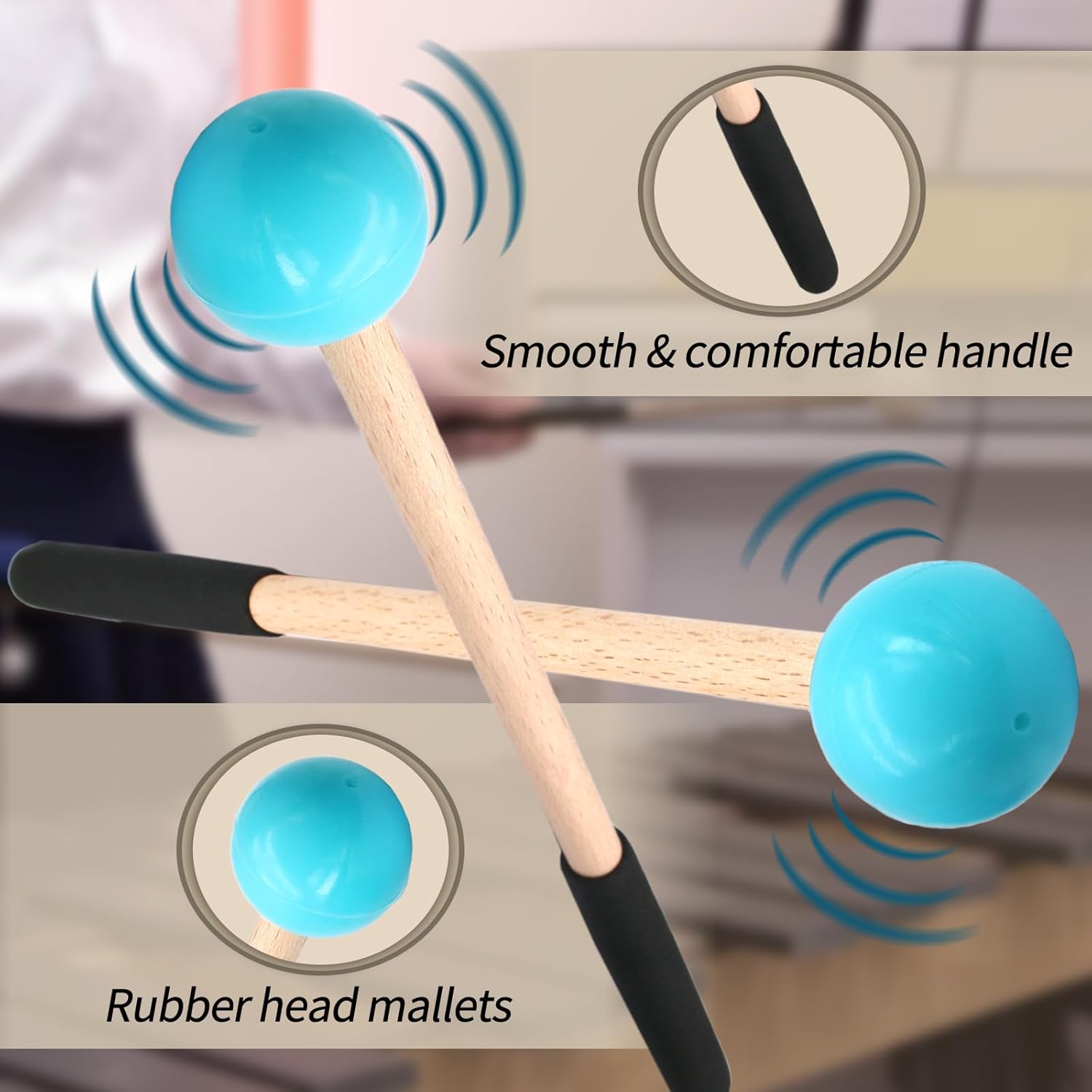 Biaungdo 2 Pack 8.7 Inch Glockenspiel Mallets, Rubber Xylophone Mallets Bell Stick Percussion with Wood Handle Drumstick Percussion Instrument Parts for Bell, Tongue Drum Mallet Blue