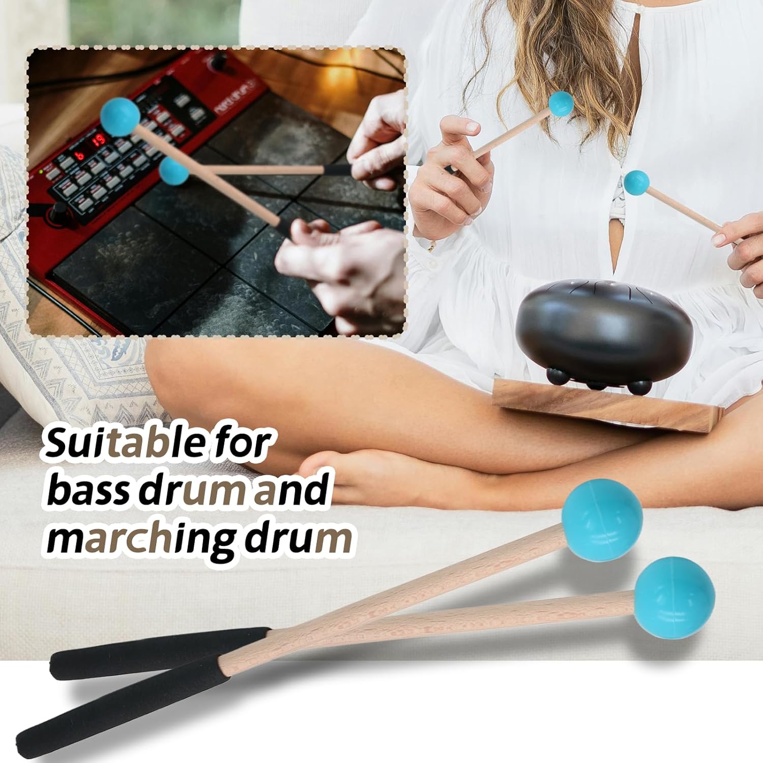 Biaungdo 2 Pack 8.7 Inch Glockenspiel Mallets, Rubber Xylophone Mallets Bell Stick Percussion with Wood Handle Drumstick Percussion Instrument Parts for Bell, Tongue Drum Mallet Blue
