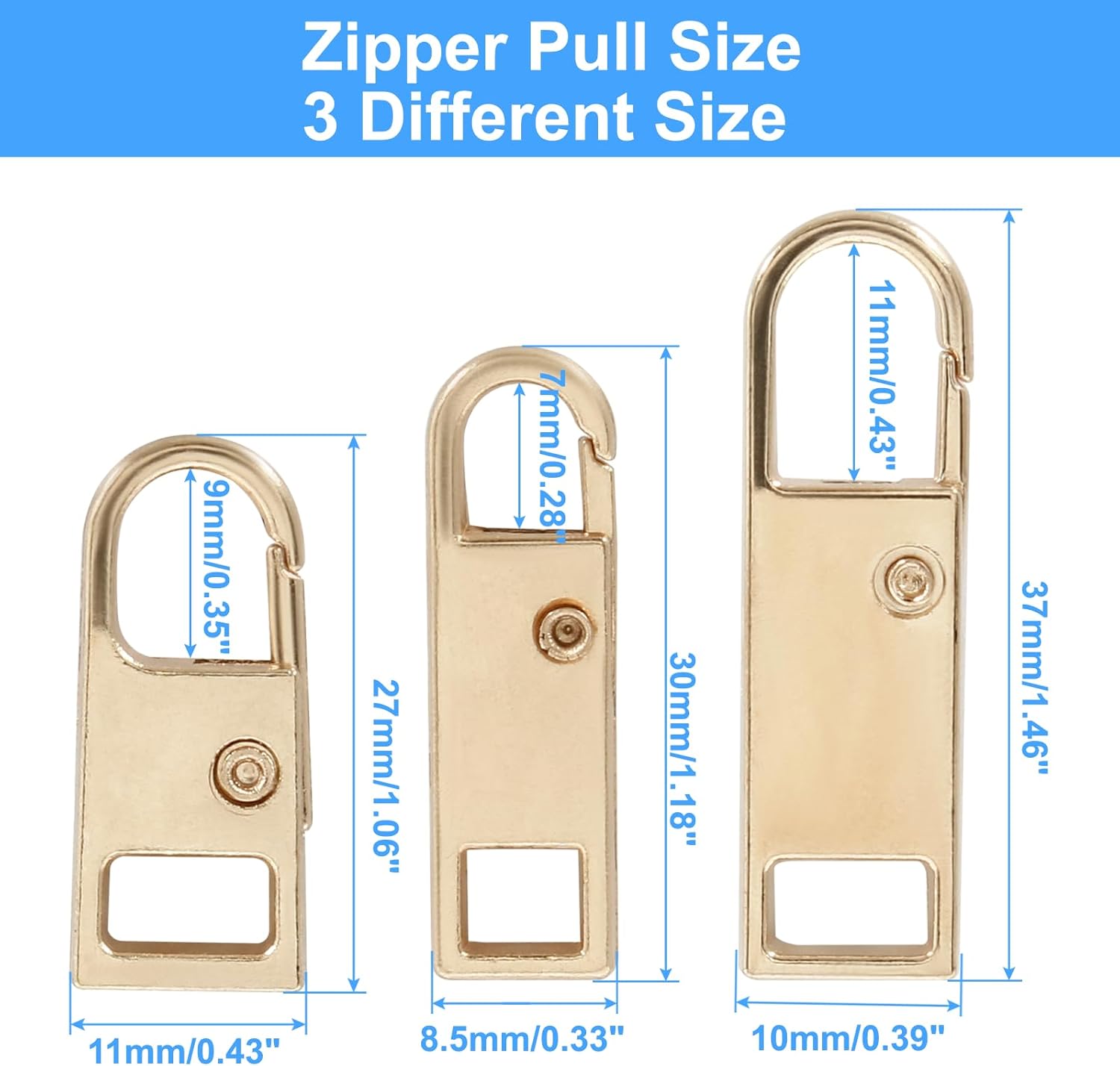 Biaungdo 6 Pcs Zipper Pull Replacement, Detachable Zipper Pull Tabs Slider Metal Luggage Zipper Handle and Fixes for Clothing Jackets Backpacks Handbags Wallet Boots Purse Coat 3 Sizes, Gold