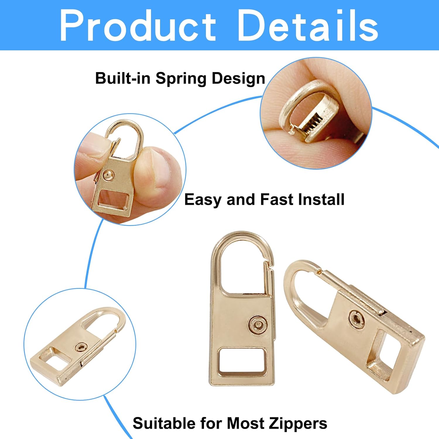 Biaungdo 6 Pcs Zipper Pull Replacement, Detachable Zipper Pull Tabs Slider Metal Luggage Zipper Handle and Fixes for Clothing Jackets Backpacks Handbags Wallet Boots Purse Coat 3 Sizes, Gold