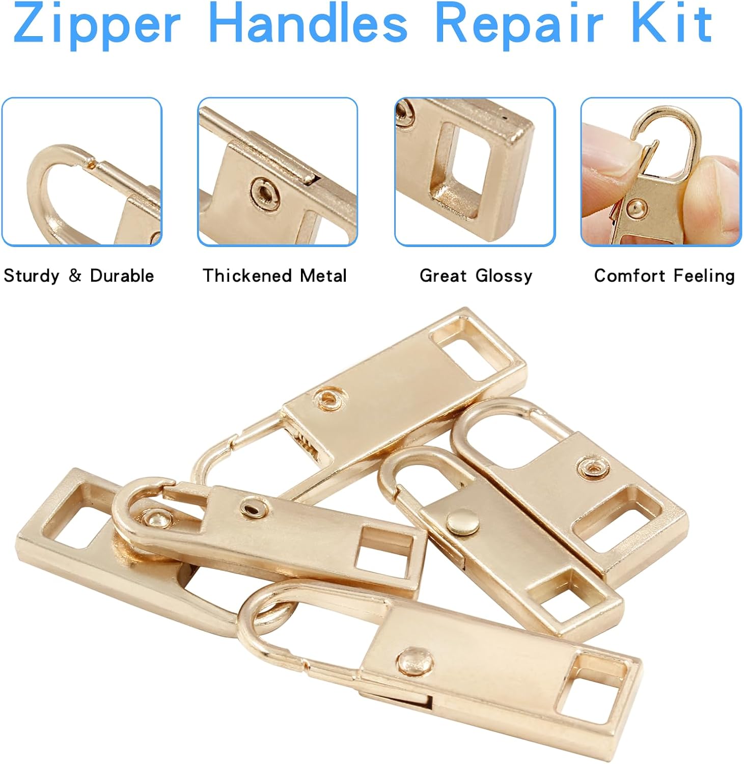 Biaungdo 6 Pcs Zipper Pull Replacement, Detachable Zipper Pull Tabs Slider Metal Luggage Zipper Handle and Fixes for Clothing Jackets Backpacks Handbags Wallet Boots Purse Coat 3 Sizes, Gold
