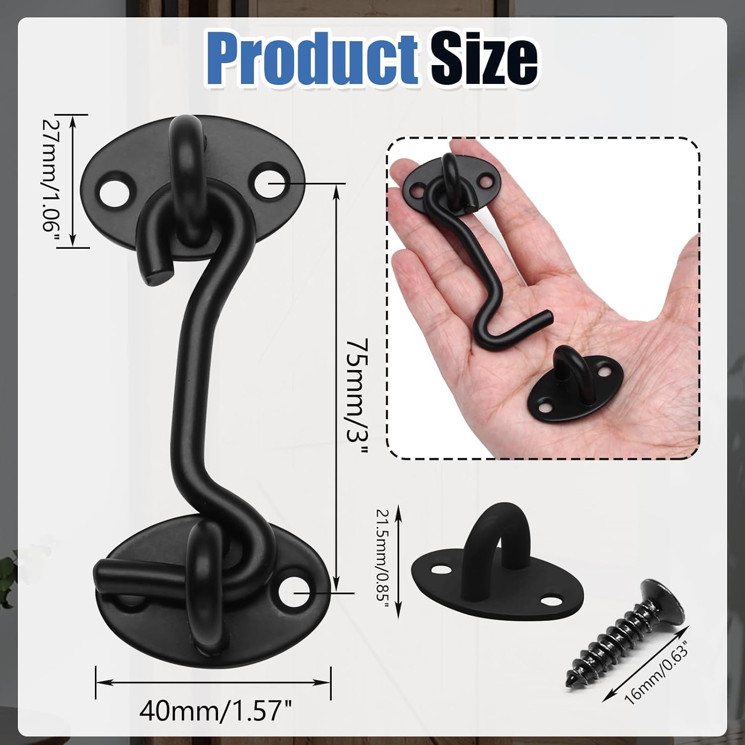 Biaungdo Heavy Duty Hook and Eye Latch, 3 Inch Black Privacy Hook Barn Door Lock Easy Lock, Stainless Steel Gate Latch for Doors/Windows/Sheds/Gates/Fences/Closets/Cabinets, 1 Pack