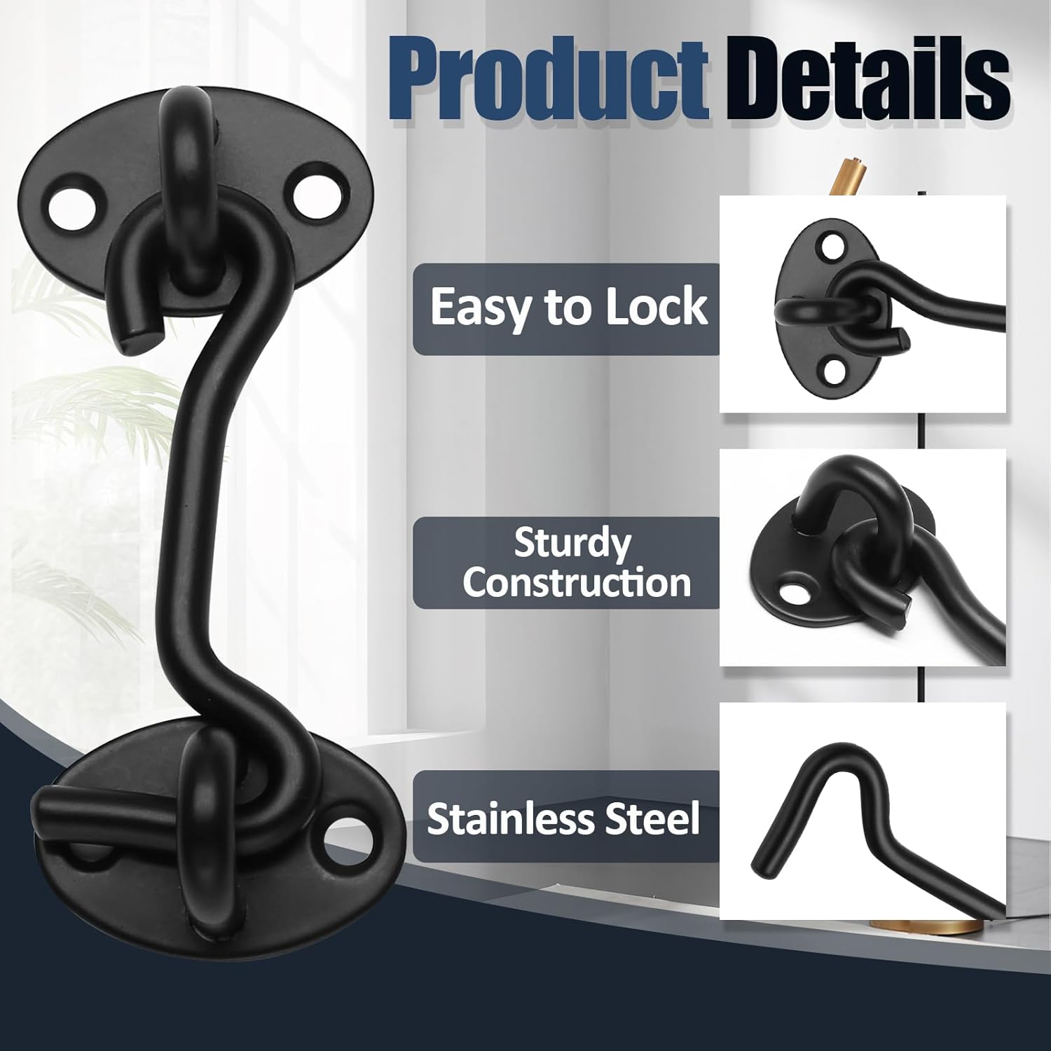 Biaungdo Heavy Duty Hook and Eye Latch, 3 Inch Black Privacy Hook Barn Door Lock Easy Lock, Stainless Steel Gate Latch for Doors/Windows/Sheds/Gates/Fences/Closets/Cabinets, 1 Pack