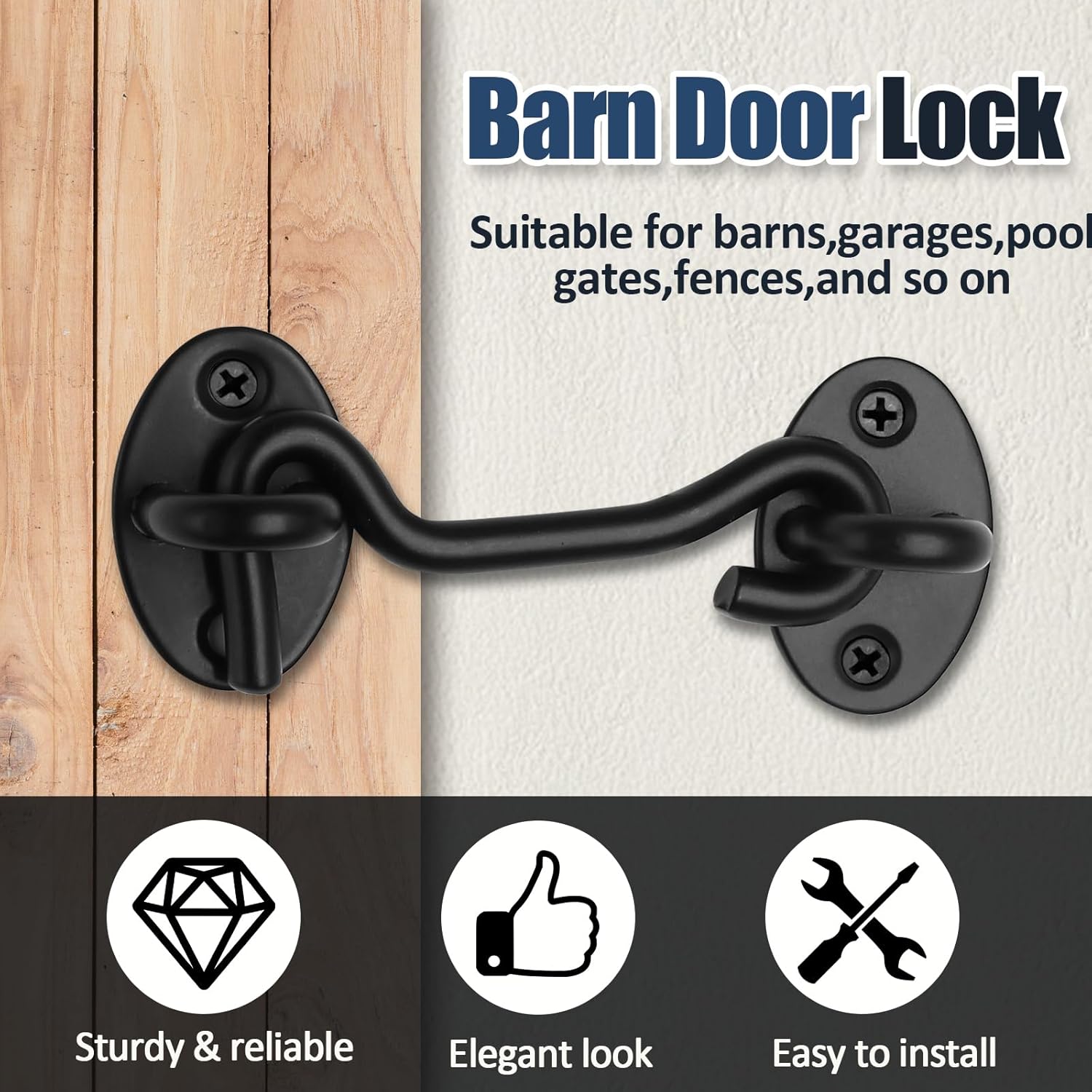 Biaungdo Heavy Duty Hook and Eye Latch, 3 Inch Black Privacy Hook Barn Door Lock Easy Lock, Stainless Steel Gate Latch for Doors/Windows/Sheds/Gates/Fences/Closets/Cabinets, 1 Pack