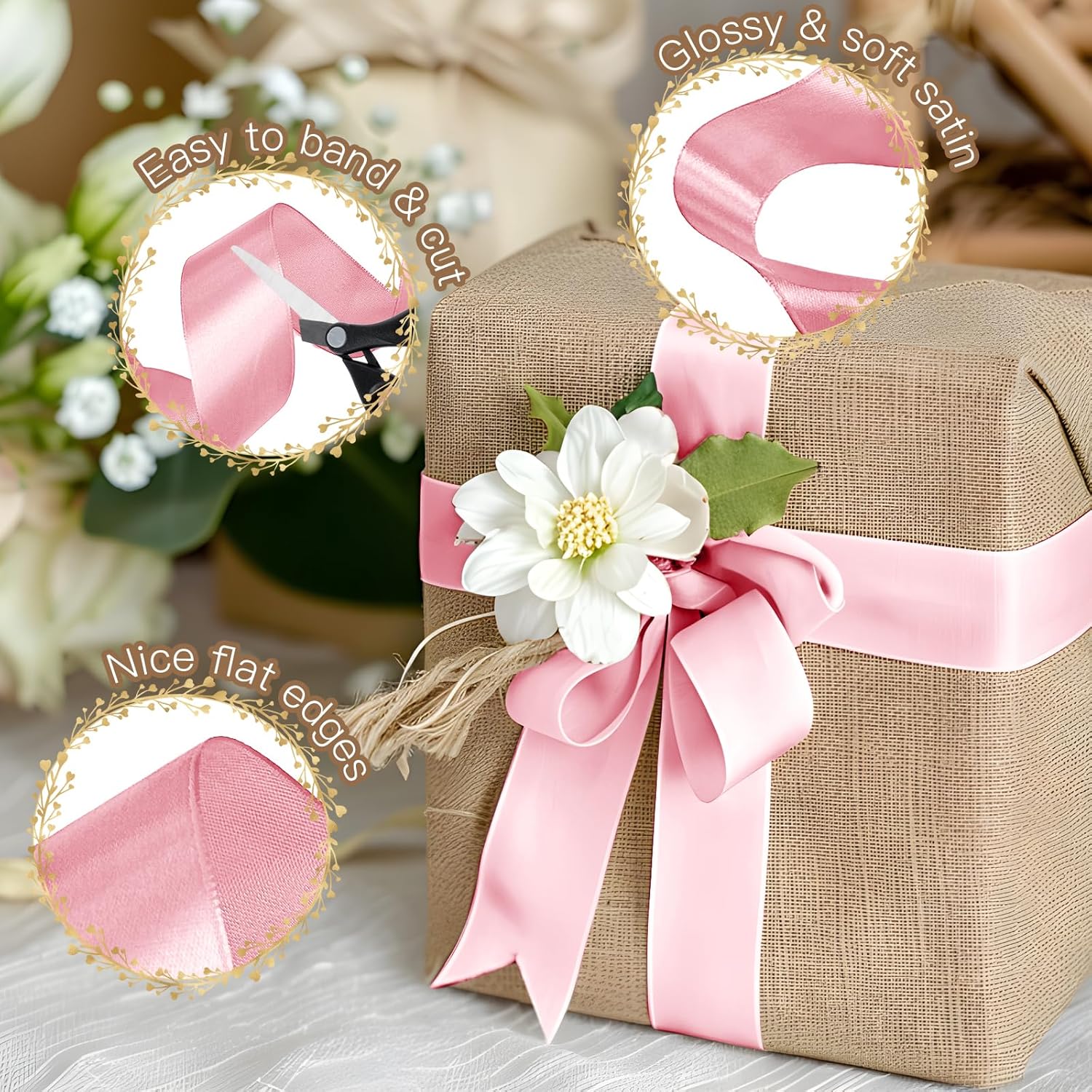 Biaungdo Light Pink Satin Ribbon 1-1/2 Inch, 60 Yards Silk Ribbon for Gift Wrapping, Silky Polyester Fabric for Crafts Wedding Flower Bouquet Party Bows Making Decoration